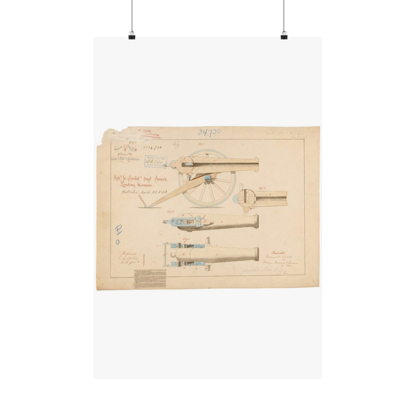 Patent drawing - Drawing of Improved Breech Loading Cannon Public domain image High Quality Matte Wall Art Poster for Home, Office, Classroom