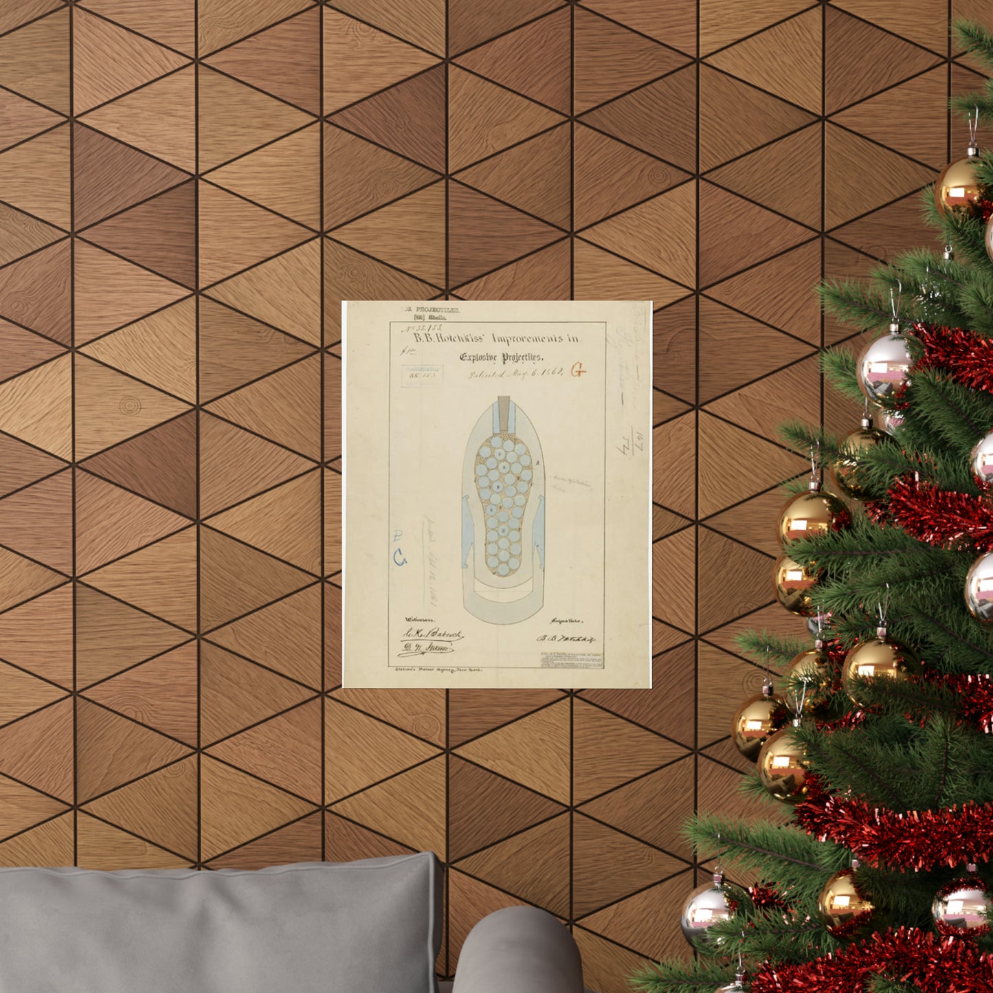 Patent drawing - Drawing of Improvements in Explosive Projectiles Public domain image High Quality Matte Wall Art Poster for Home, Office, Classroom