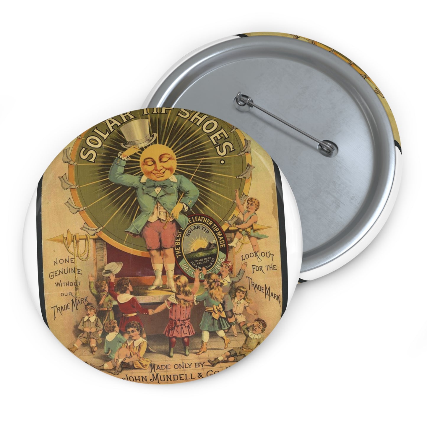 John Mundell & Co's solar tip shoes Made only by John Mundell & Co. Philadelphia. Pin Buttons with Crisp Design