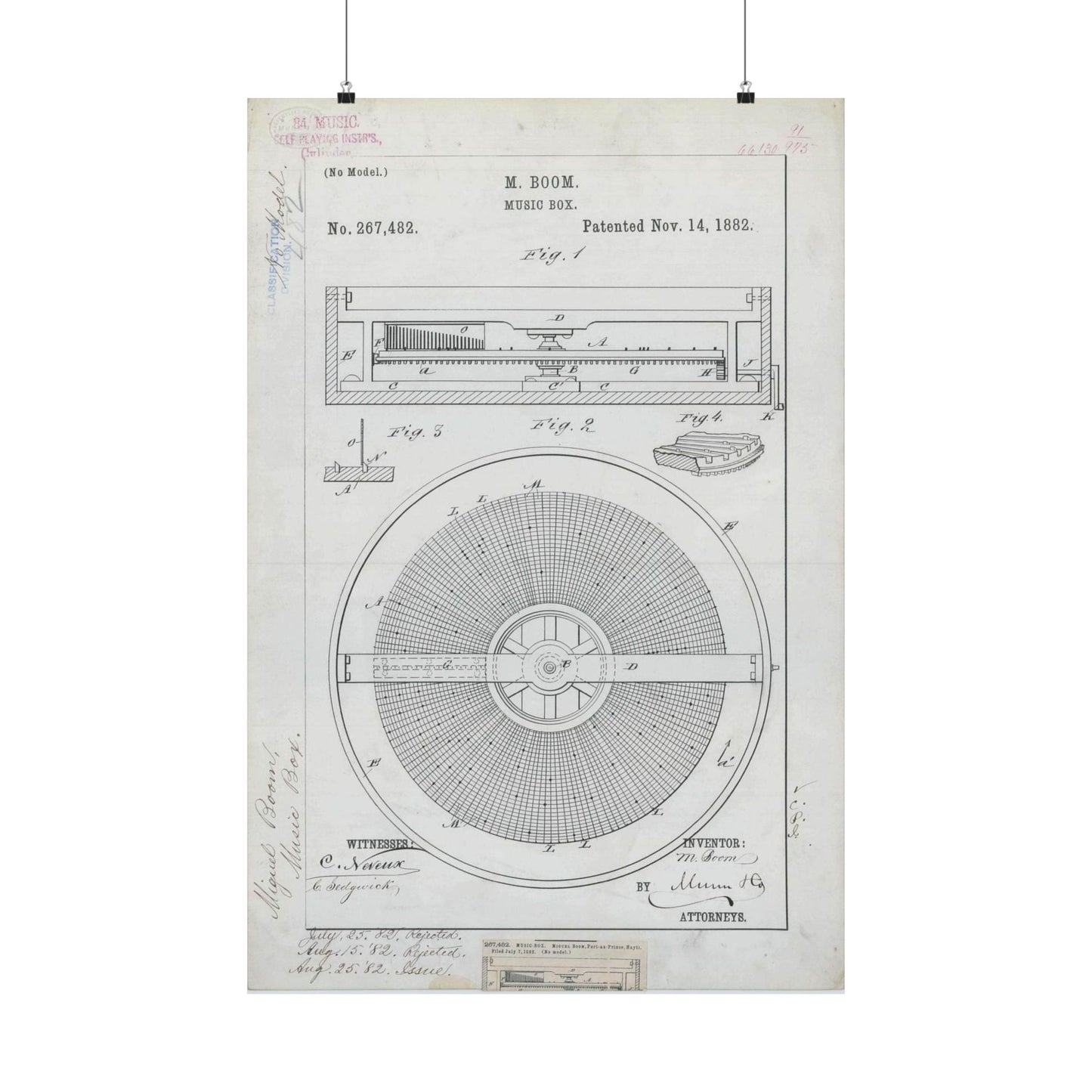 Patent Drawing of Engine - for M. Boom's Music Box Public domain image High Quality Matte Wall Art Poster for Home, Office, Classroom