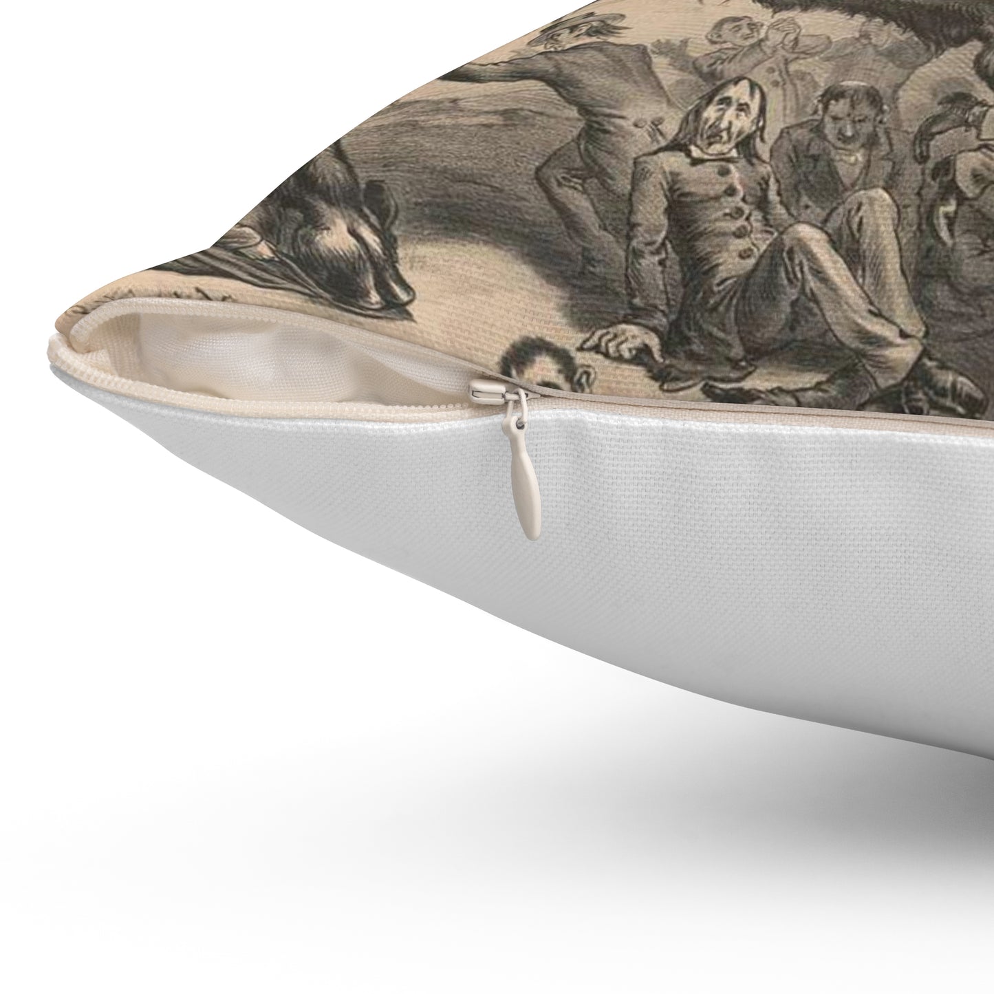 Giant bock goat resting on a keg, holding a mug of beer, men under the goat scrambling Decorative Accent Square Pillow