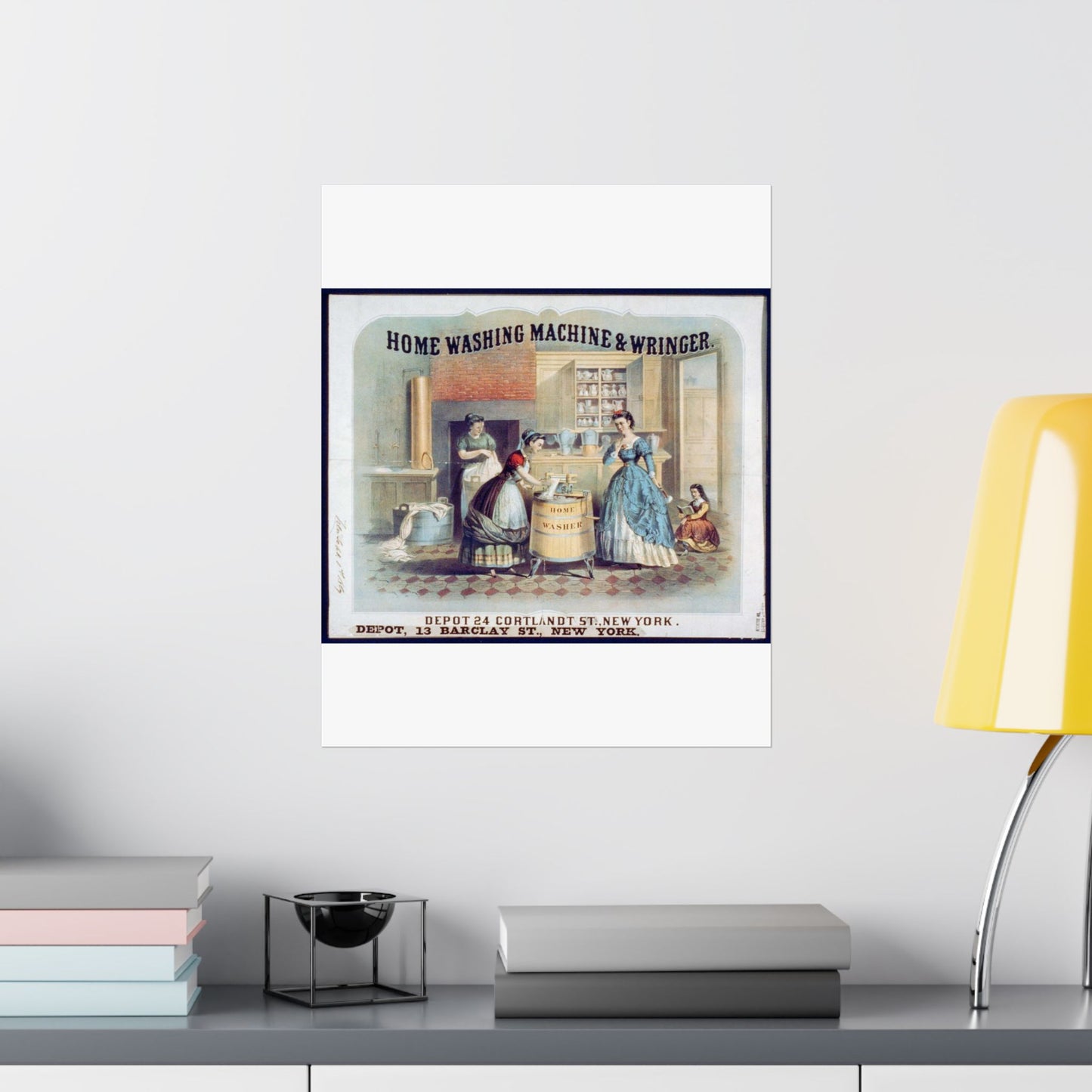 Home washing machine & wringer - A painting of women washing machines in a kitchen High Quality Matte Wall Art Poster for Home, Office, Classroom