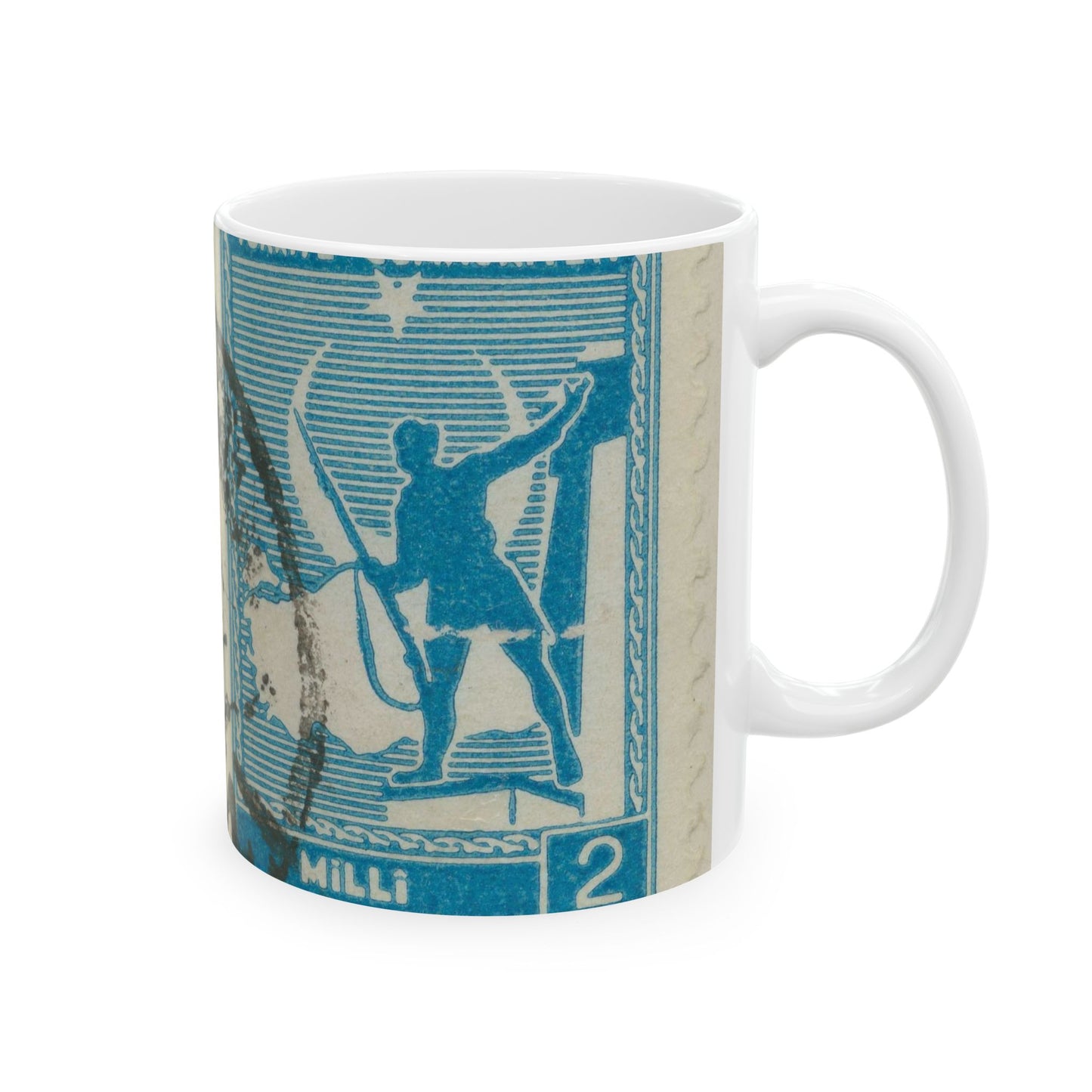 Frimärke ur Gösta Bodmans filatelistiska motivsamling, påbörjad 1950.Frimärke från Turkiet, 1941. Motiv av soldat framför Turkiets karta. Beautiful Novelty Ceramic Coffee Mug 11oz