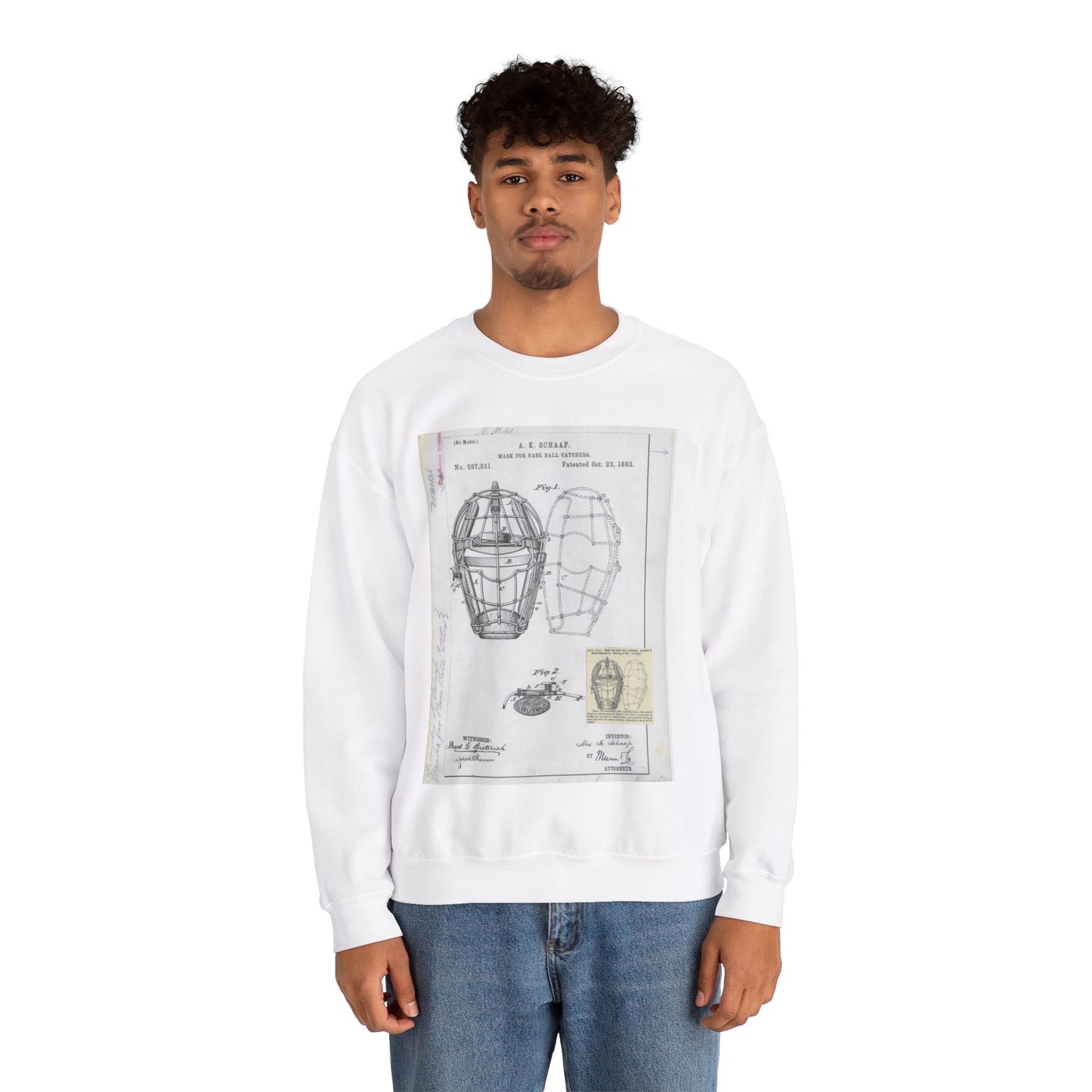 Patent drawing - Drawing of a "Mask for Base Ball Catchers" Public domain image White Heavy Blend Adult Crew Neck SweatShirt
