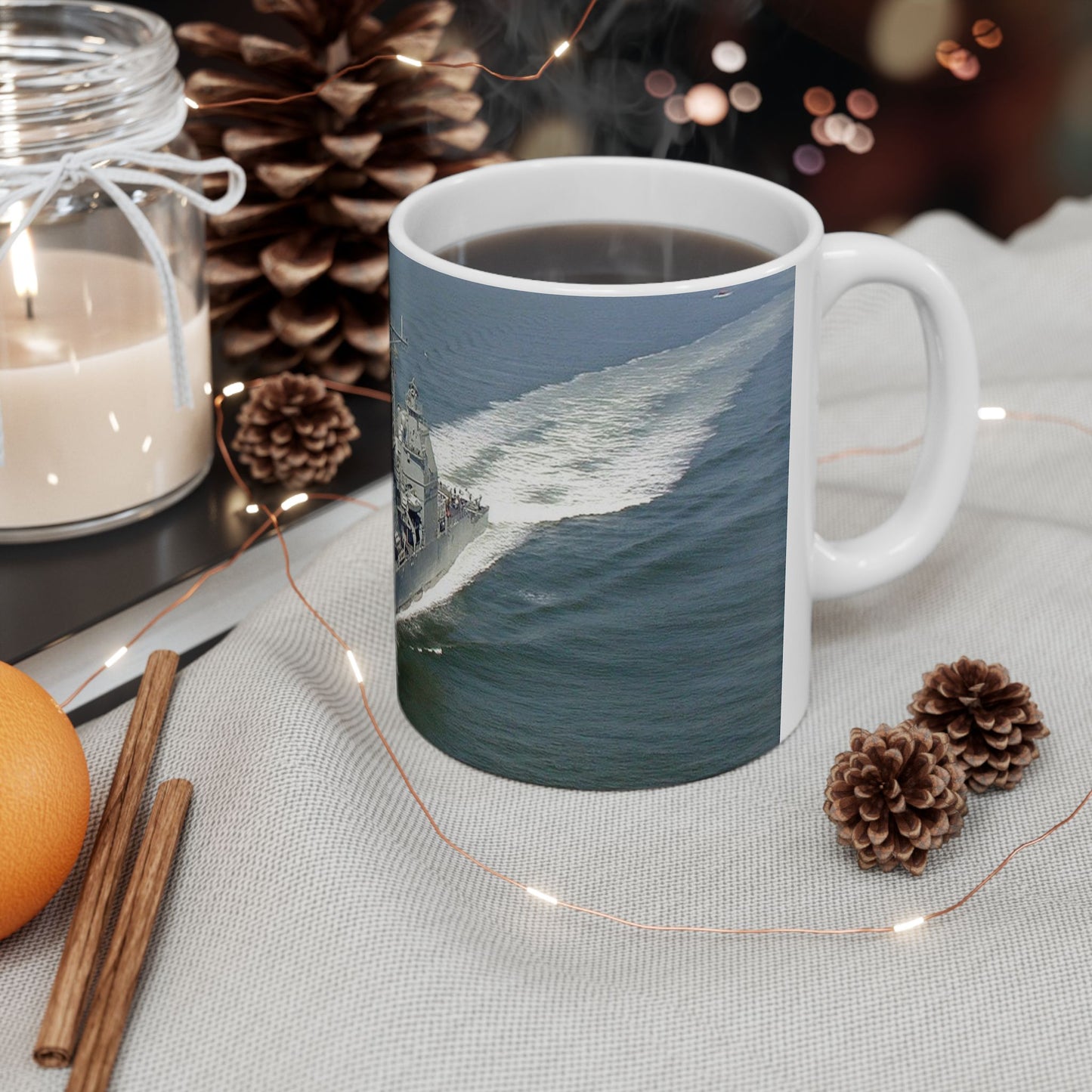 Aerial port bow view of the guided missile cruiser USS GETTYSBURG (CG 64) underway off Fort Story, Virginia Beautiful Novelty Ceramic Coffee Mug 11oz