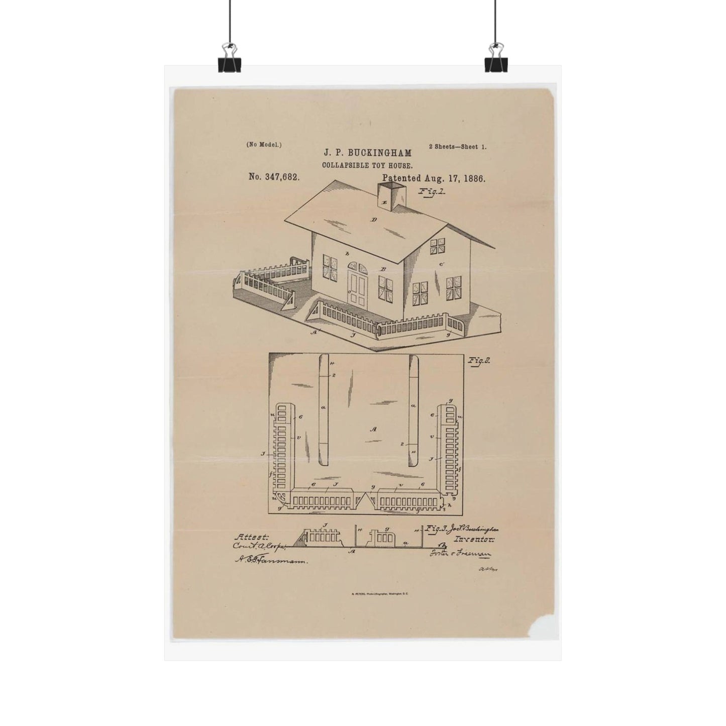 Patent Drawing of Engine - Drawing for a Collapsible Toy House Public domain image High Quality Matte Wall Art Poster for Home, Office, Classroom
