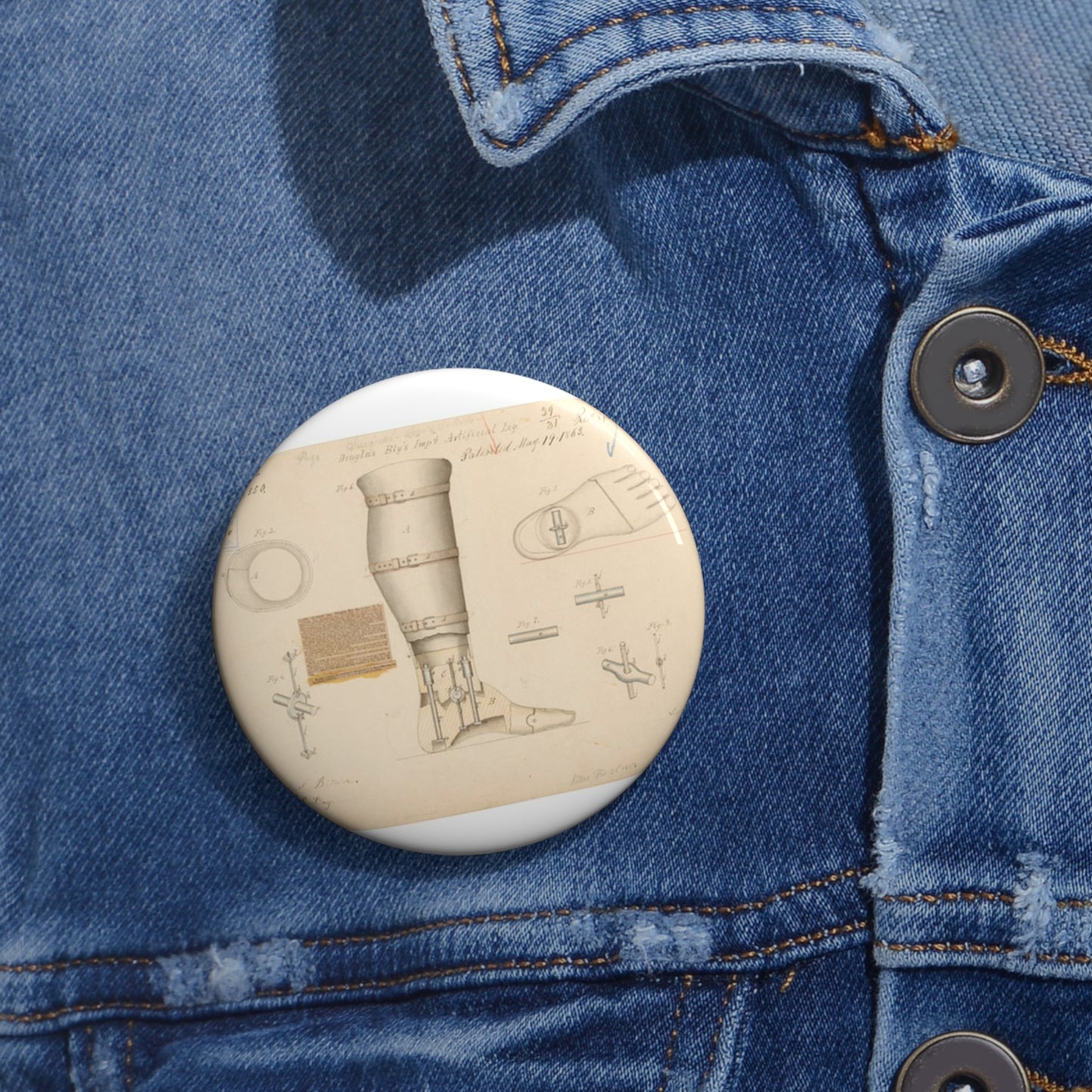 Patent drawing - Drawing of Improved Artificial Leg Public domain image Pin Buttons with Crisp Design