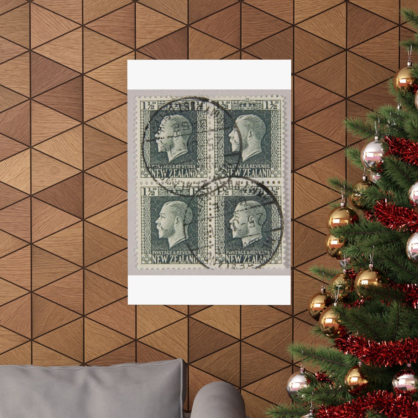 Block of one and a half penny 'King George V' definitive stamps in grey slate High Quality Matte Wall Art Poster for Home, Office, Classroom
