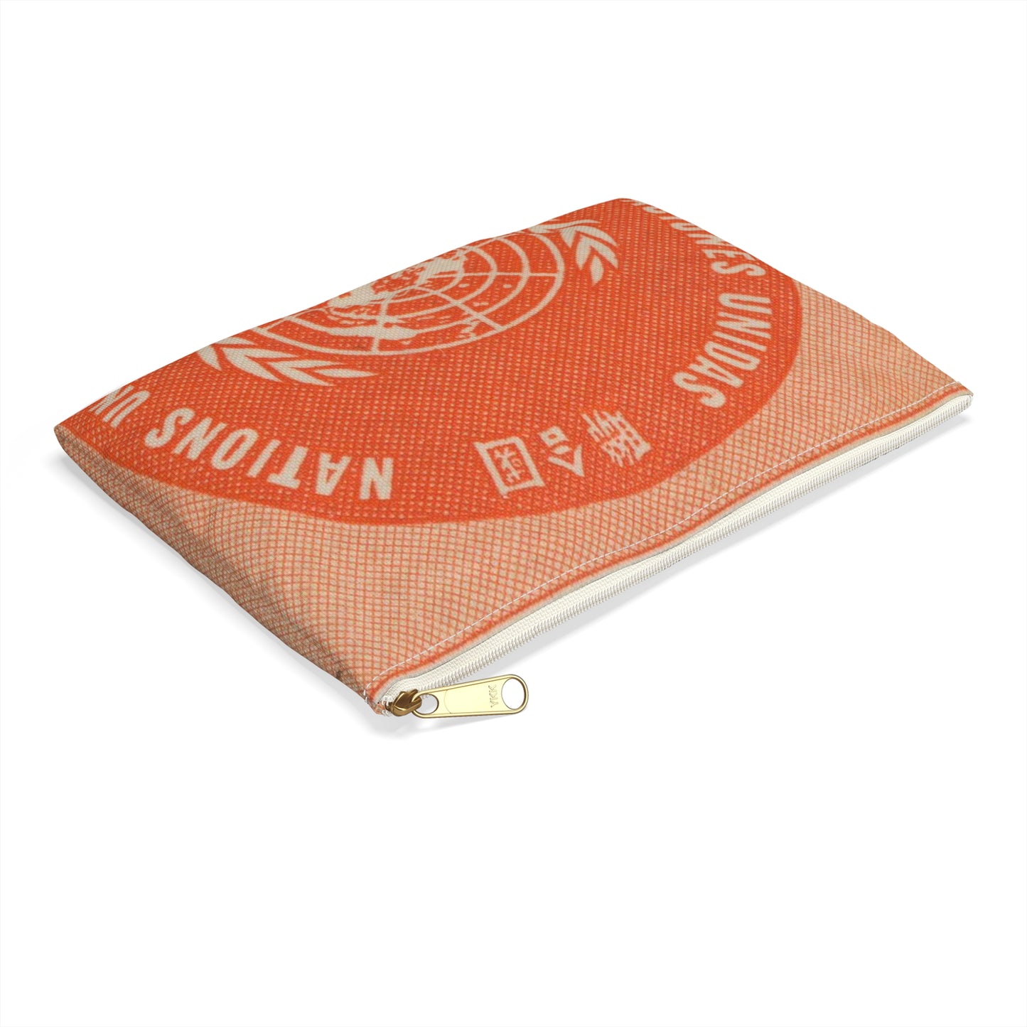 Frimärke ur Gösta Bodmans filatelistiska motivsamling, påbörjad 1950.Frimärke från Nations Unies 1958. Motiv av F. N.- märket. Large Organizer Pouch with Black Zipper