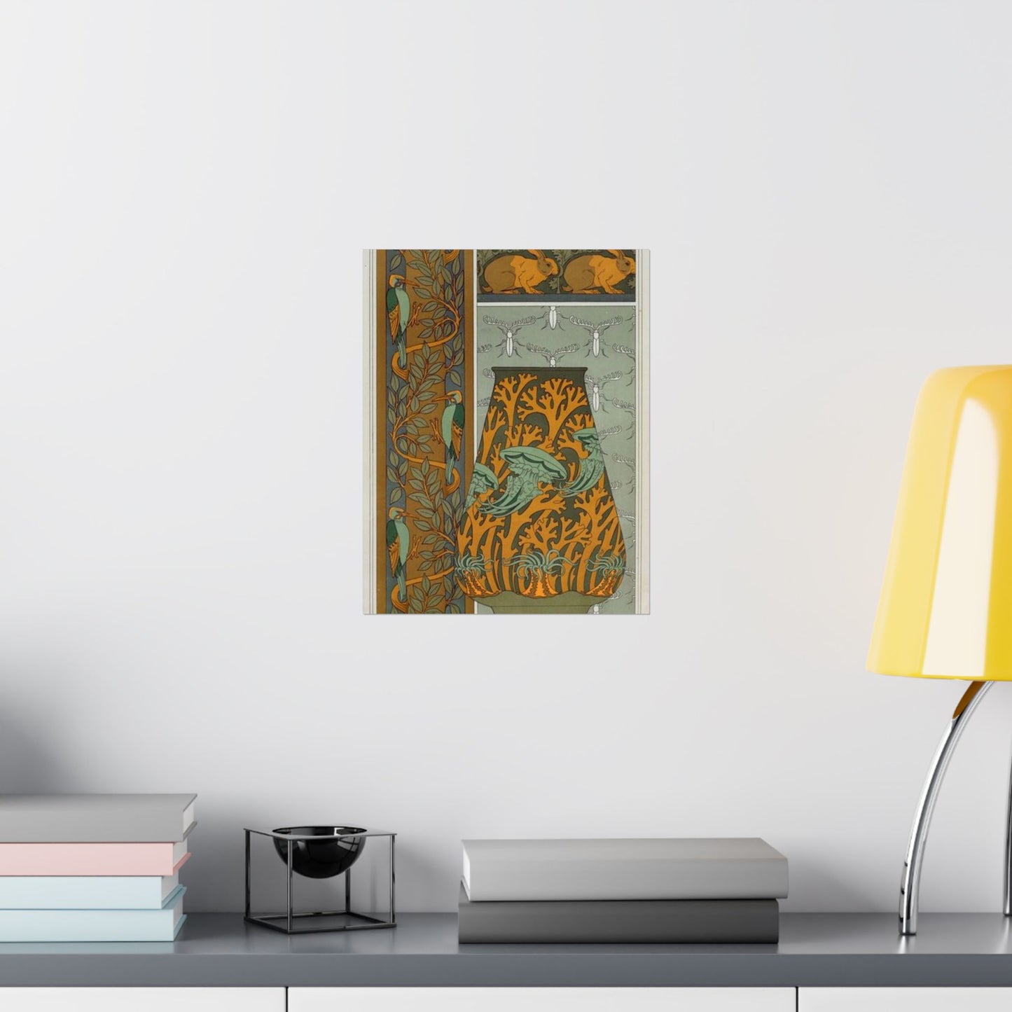Piverts et arbre, bordure verticale. Lapins et feuilles, bordure. Méduses, anémones de mer et algues, vase. Insectes, jeu de fond. High Quality Matte Wall Art Poster for Home, Office, Classroom