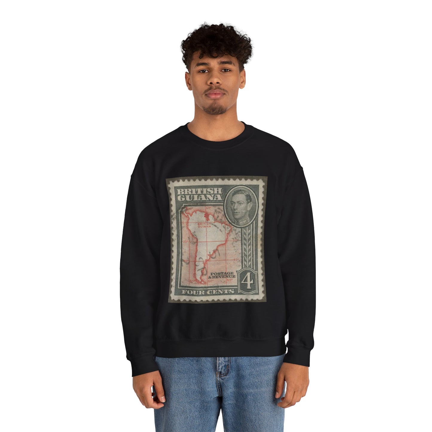 Frimärke ur Gösta Bodmans filatelistiska motivsamling, påbörjad 1950.Frimärke från Brittiska Guiana, 1938. Motiv av Sydamerikas karta med Brittiska Guiana. Black Heavy Blend Adult Crew Neck SweatShirt