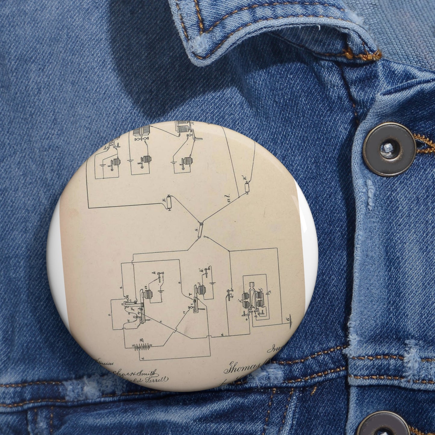 Patent Drawing of Engine - Collection of United States patents granted to Thomas A. Edison, 1869-1884 (1869) (14756348232) Public domain image Pin Buttons with Crisp Design
