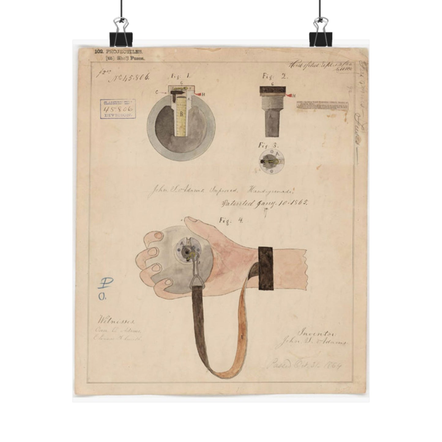 Patent drawing - Drawing of Improved Hand Grenade Public domain image High Quality Matte Wall Art Poster for Home, Office, Classroom