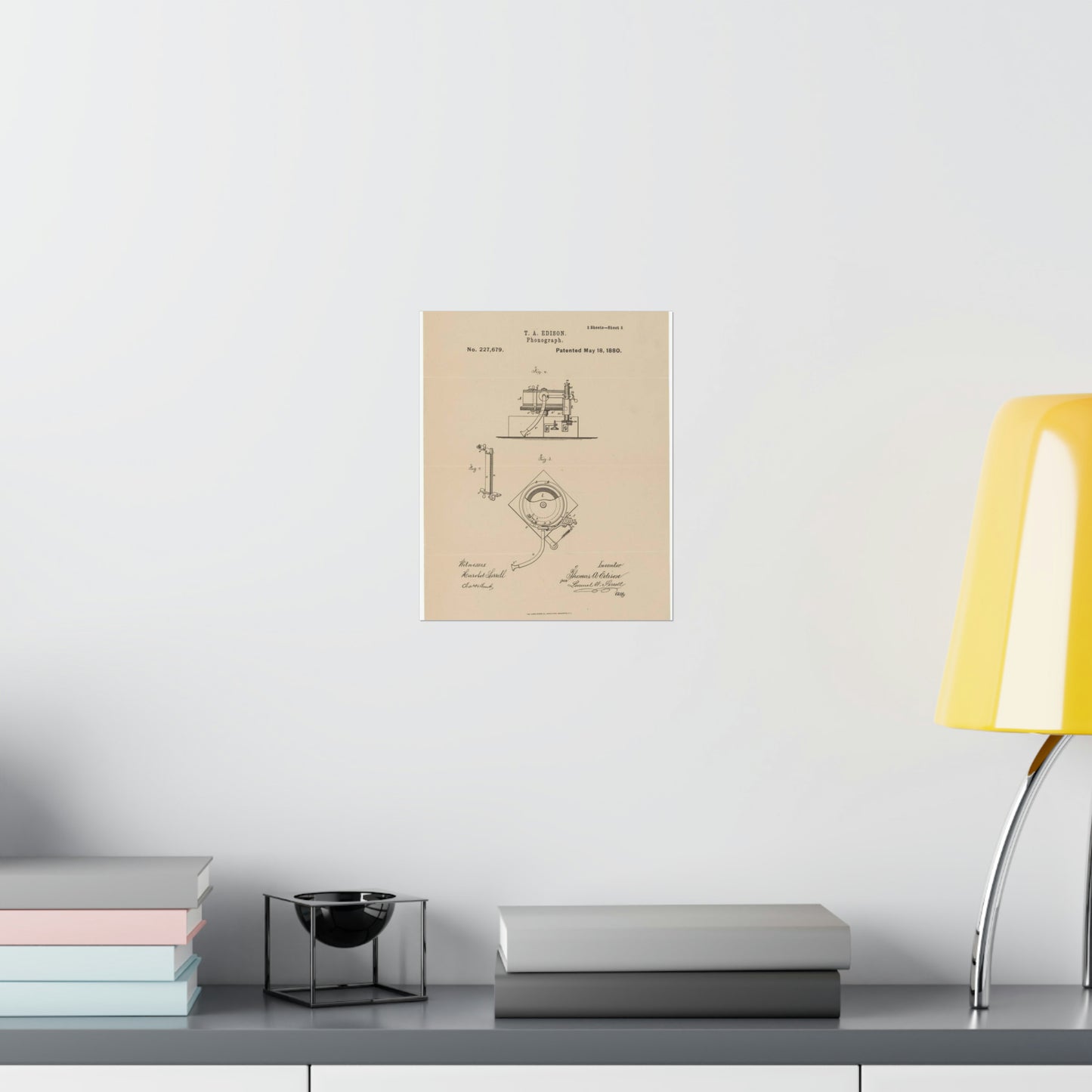 Patent Drawing of Engine - Drawing for a Phonograph Public domain image High Quality Matte Wall Art Poster for Home, Office, Classroom