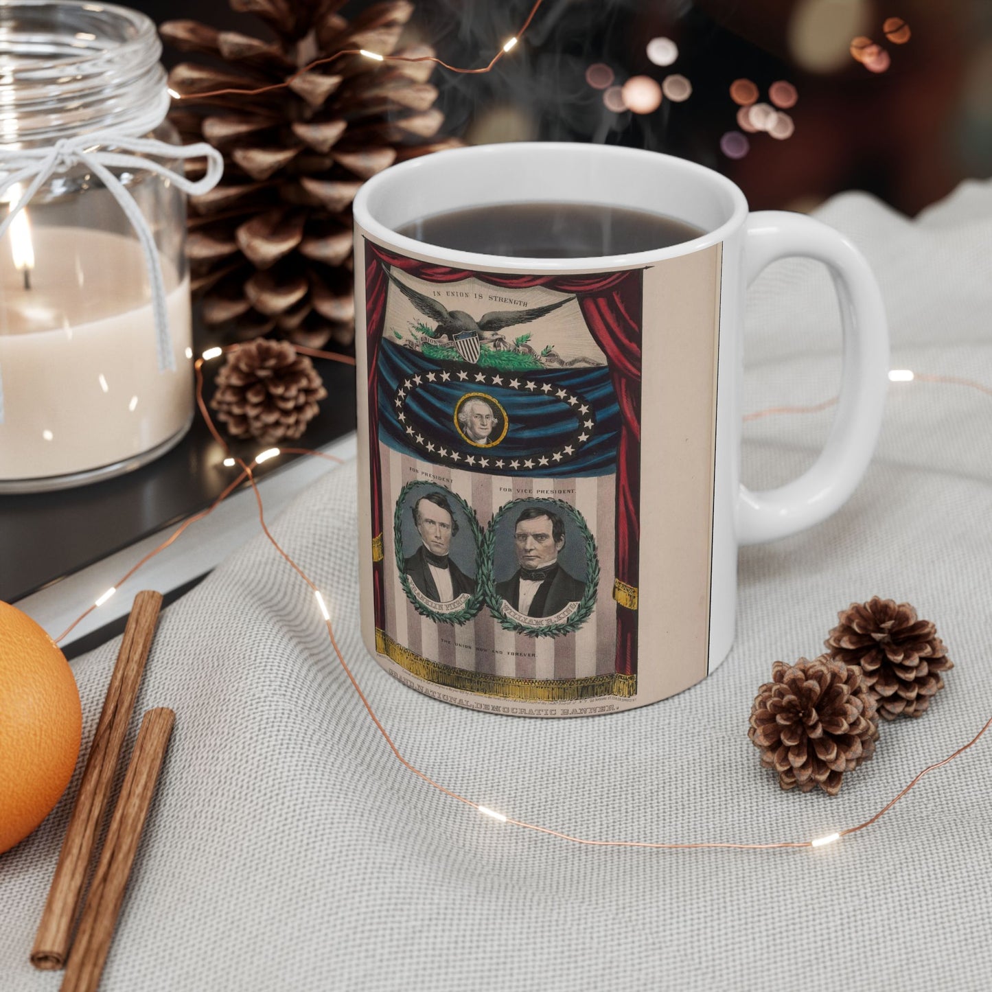 Grand, national, democratic banner - press onward - portraits from daguerreotype / lith. & pub. by N. Currier. Beautiful Novelty Ceramic Coffee Mug 11oz