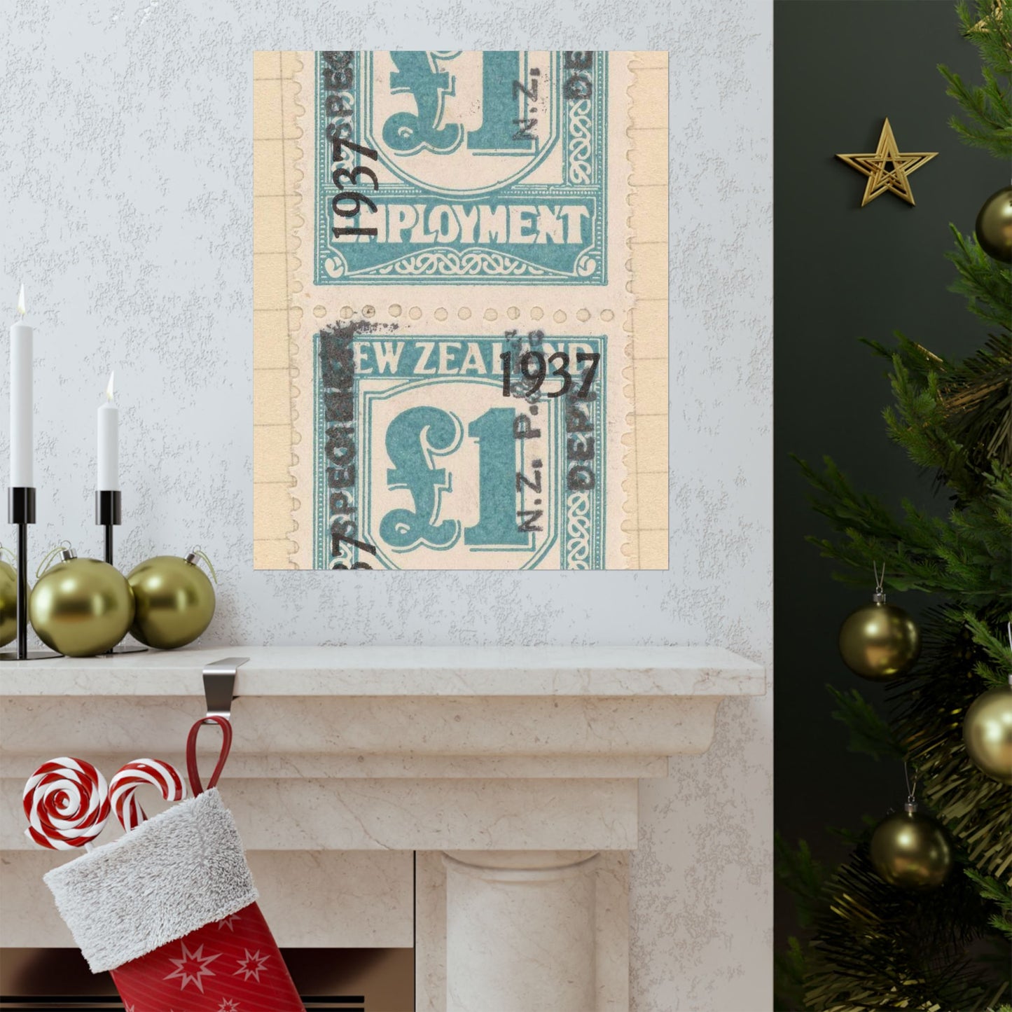 Block of one pound Unemployment Relief stamps overprinted '1937' and 'Specimen' High Quality Matte Wall Art Poster for Home, Office, Classroom