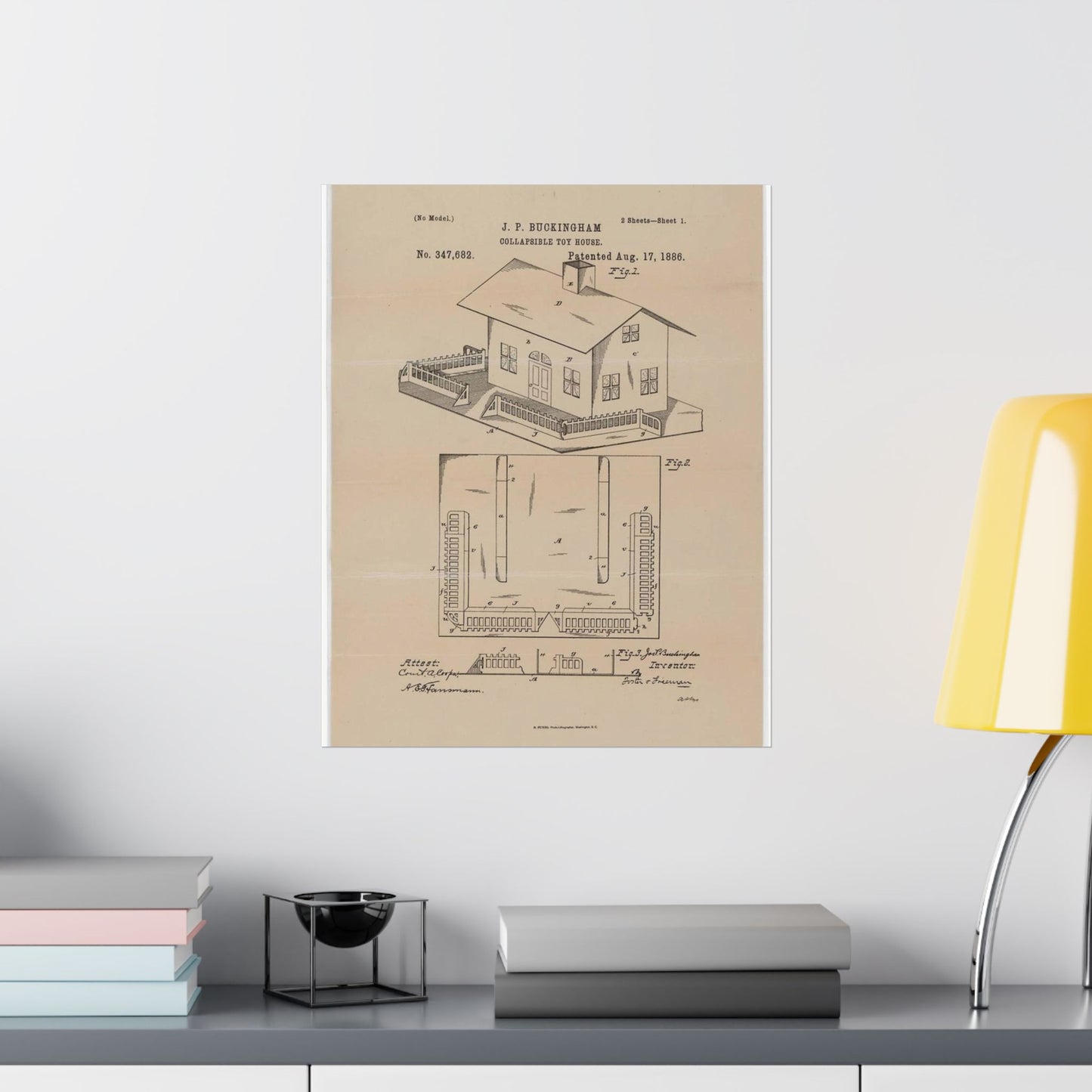 Patent Drawing of Engine - Drawing for a Collapsible Toy House Public domain image High Quality Matte Wall Art Poster for Home, Office, Classroom