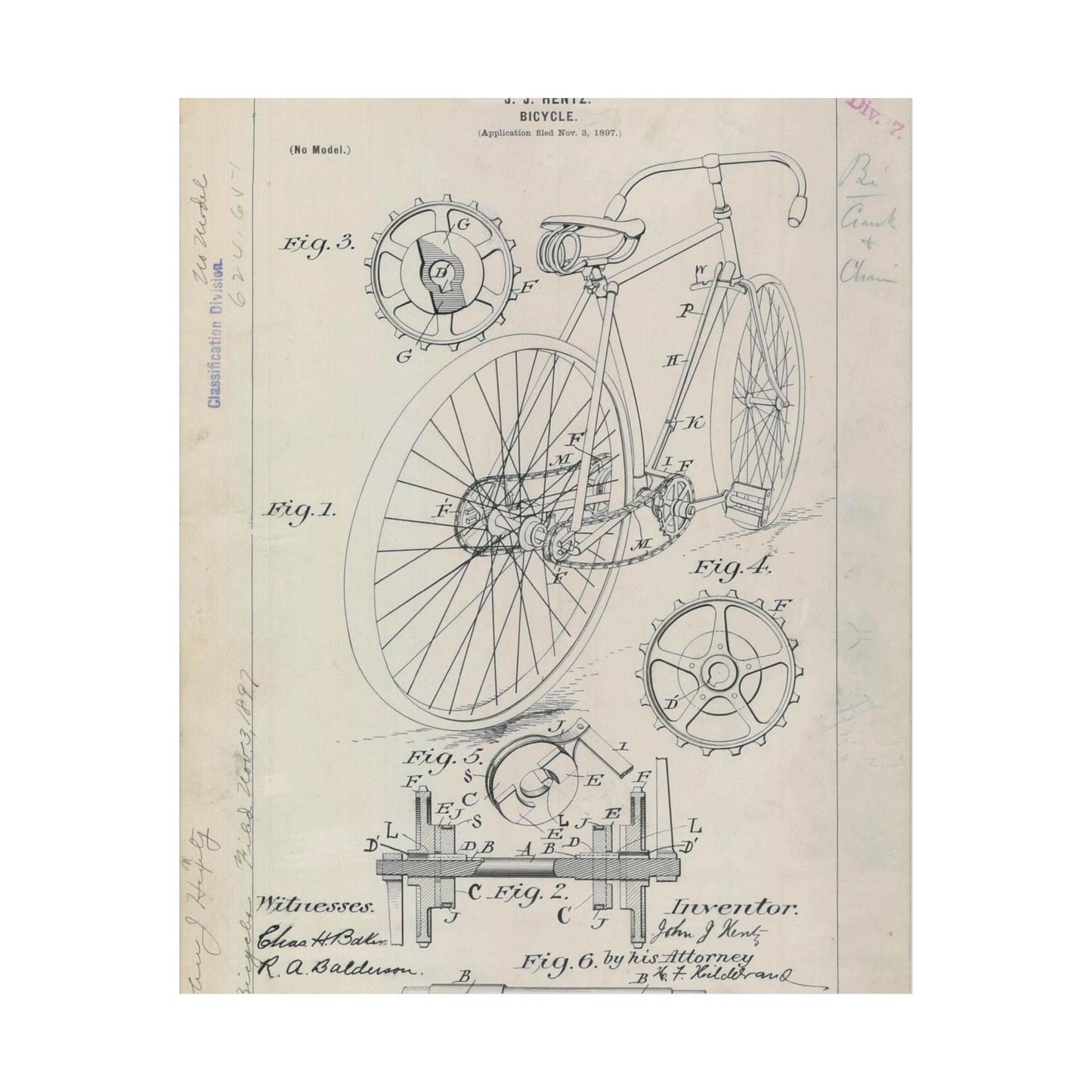 Patent drawing - for J. J. Hentz' Bicycle Public domain image High Quality Matte Wall Art Poster for Home, Office, Classroom