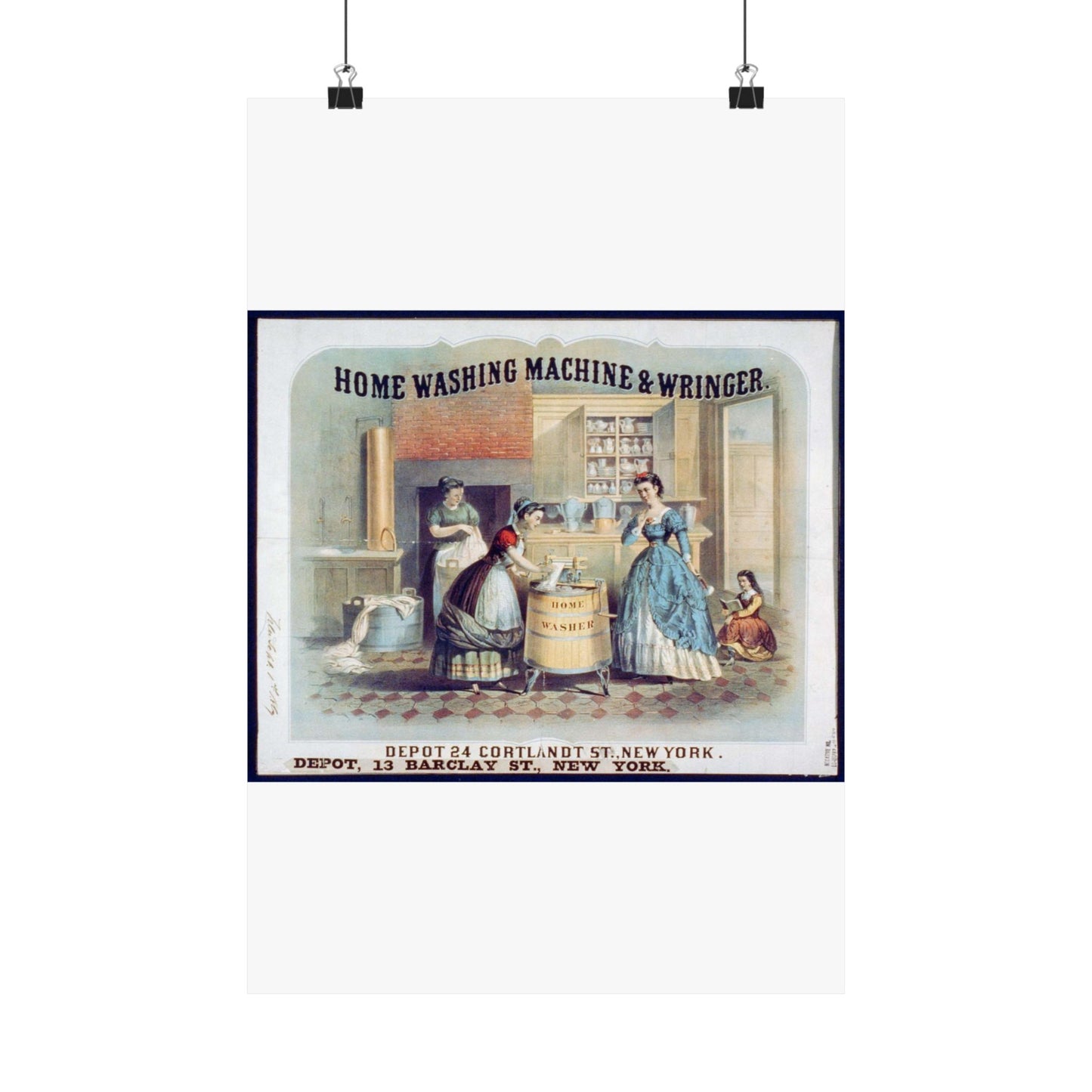 Home washing machine & wringer - A painting of women washing machines in a kitchen High Quality Matte Wall Art Poster for Home, Office, Classroom