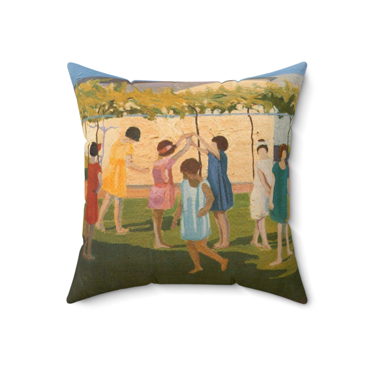 Petrona Viera - A painting of a group of children playing with a kite Decorative Accent Square Pillow
