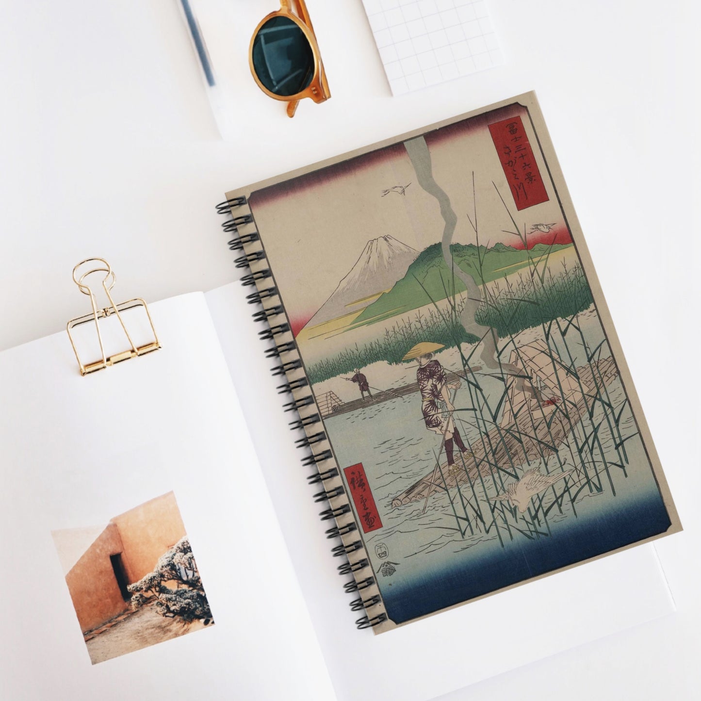 18 - The Sagami River - A painting of a man standing on a boat in a body of water Spiral Bound Ruled Notebook with Printed Cover