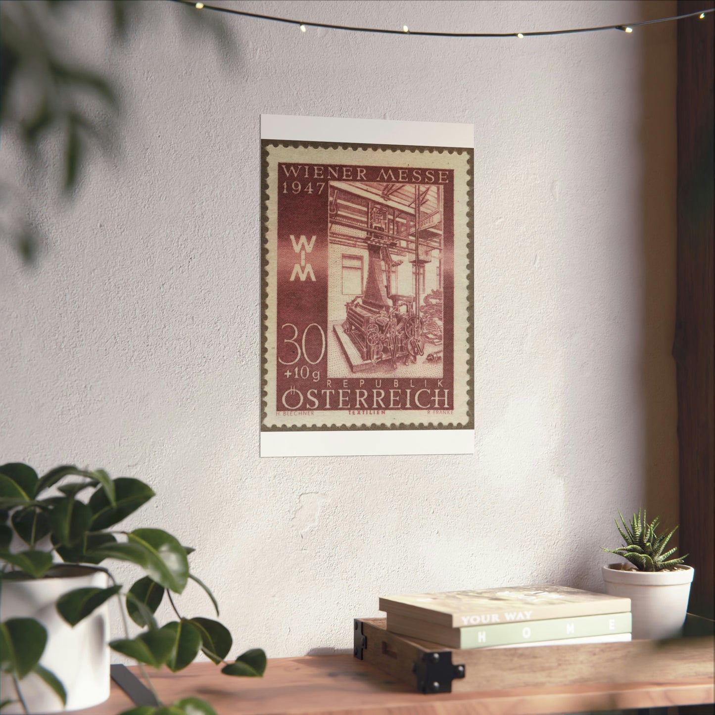 Frimärke ur Gösta Bodmans filatelistiska motivsamling, påbörjad 1950.Frimärke från Österrike, 1947. Motiv av jacquardvävstol i Österrike 1947. "Wienermässan 1947" High Quality Matte Wall Art Poster for Home, Office, Classroom