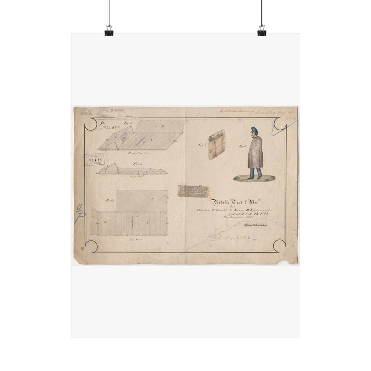 Patent drawing - Drawing of Portable Tent and Abri Public domain image High Quality Matte Wall Art Poster for Home, Office, Classroom