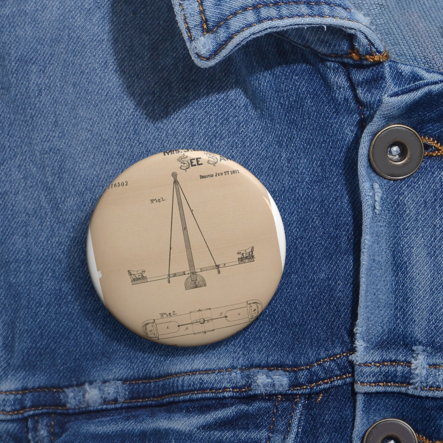 Patent drawing - for a See Saw Public domain image Pin Buttons with Crisp Design