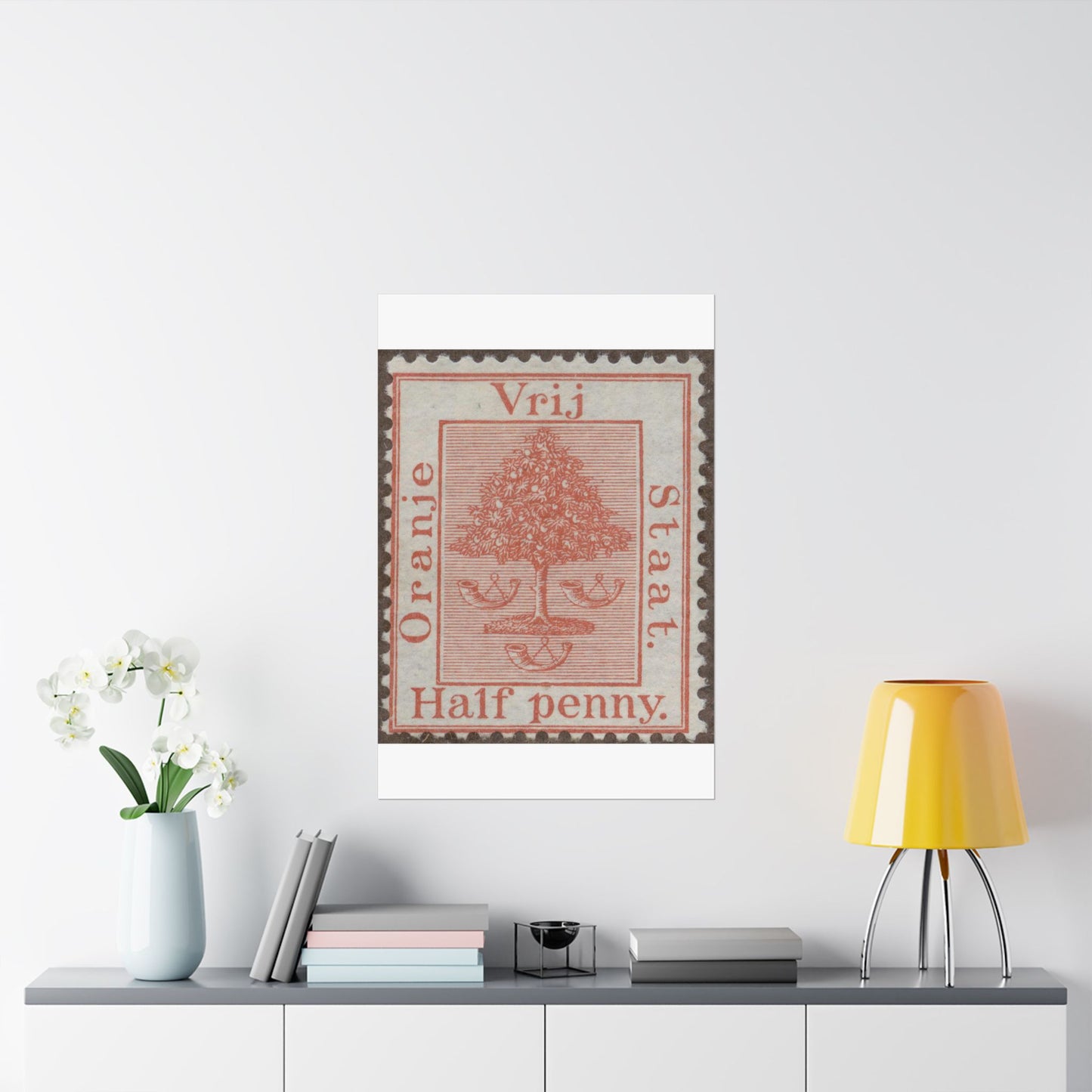 Frimärke ur Gösta Bodmans filatelistiska motivsamling, påbörjad 1950.Frimärke från Oranje -Fristaten. Motiv av apelsinträd med frukter och posthorn. High Quality Matte Wall Art Poster for Home, Office, Classroom
