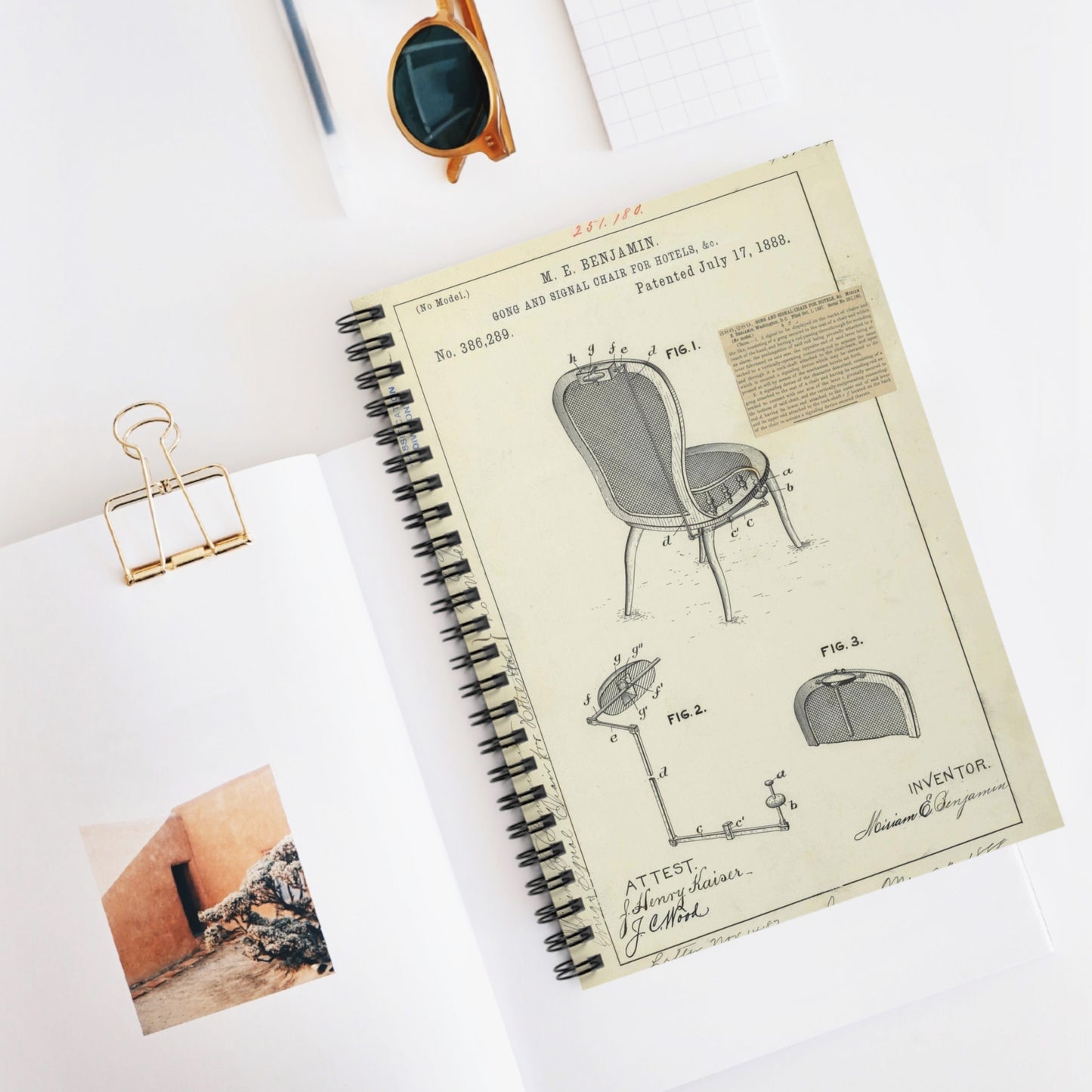 Patent drawing - for M. E. Benjamin's Gong and Signal Chair for Hotels Public domain image Spiral Bound Ruled Notebook with Printed Cover