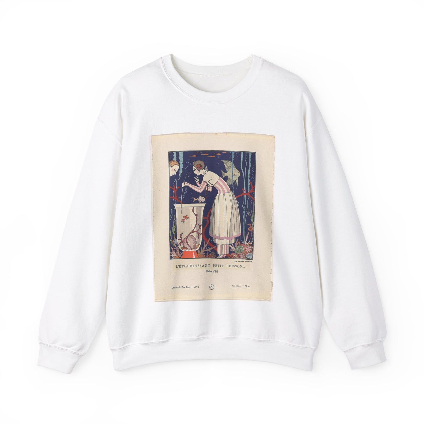 Gazette du Bon Ton, 1914 - No. 5, Pl. 44: L'étourdissant petit poisson (...) / Robe d'été White Heavy Blend Adult Crew Neck SweatShirt