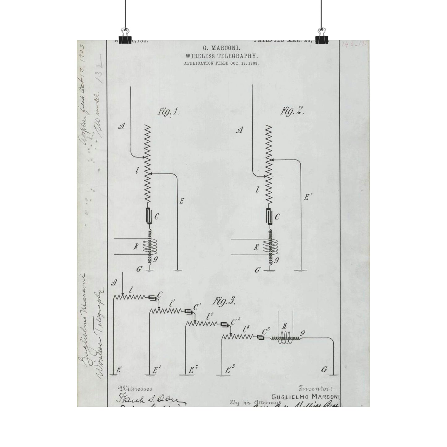 Patent drawing - for G. Marconi's Wireless Telegraphy Public domain image High Quality Matte Wall Art Poster for Home, Office, Classroom