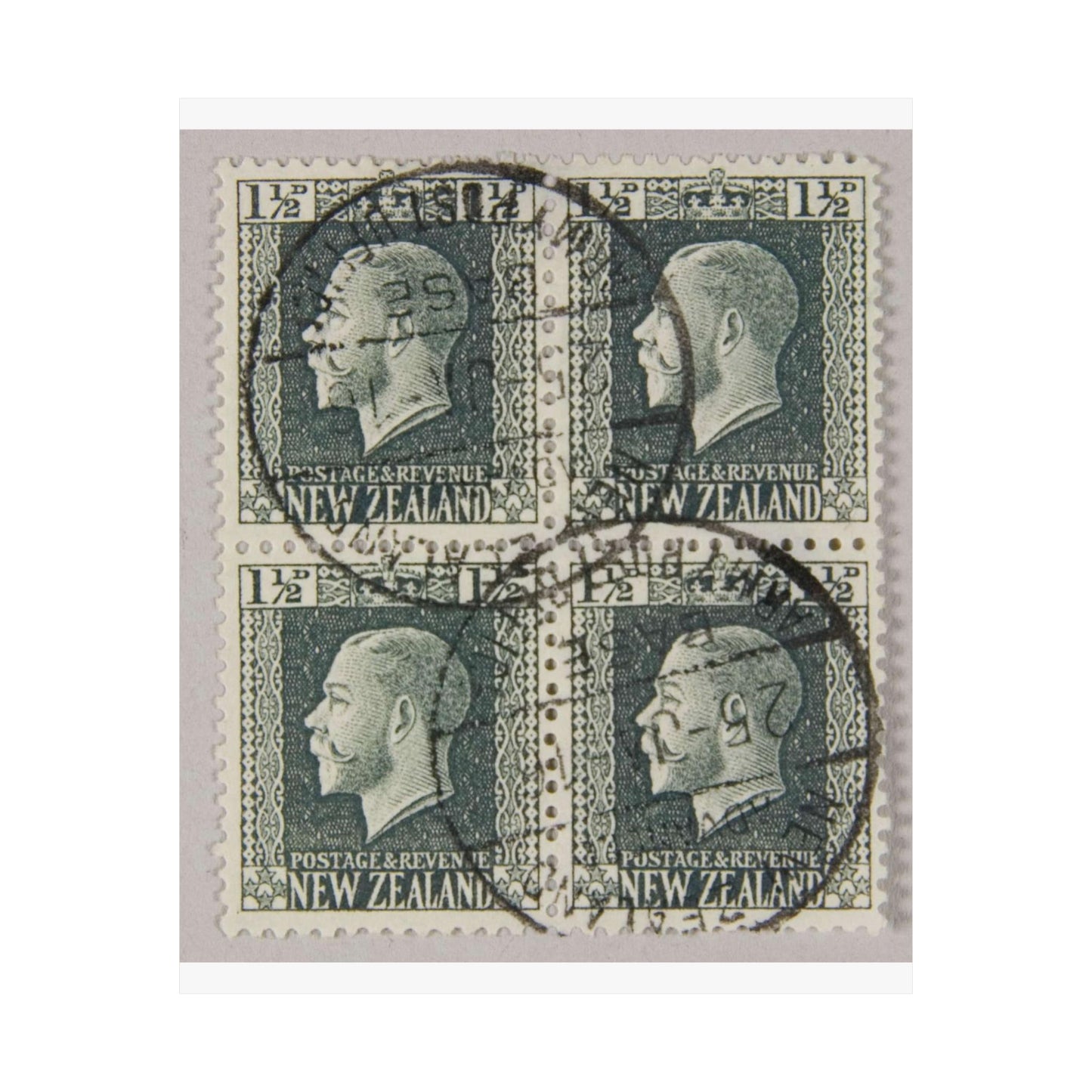 Block of one and a half penny 'King George V' definitive stamps in grey slate High Quality Matte Wall Art Poster for Home, Office, Classroom