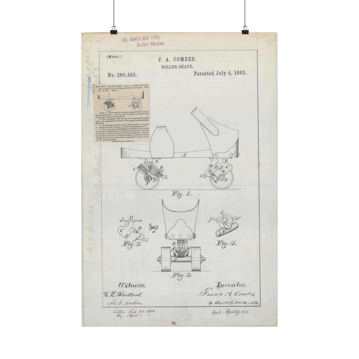 Patent drawing - for F. A. Combes' Roller Skate Public domain image High Quality Matte Wall Art Poster for Home, Office, Classroom