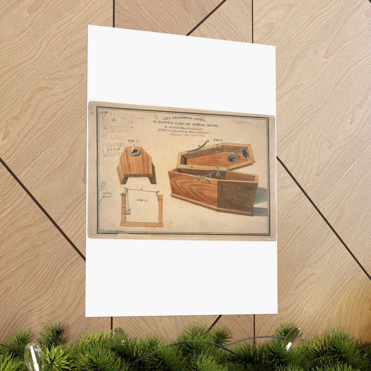 Patent drawing - Drawing for a Life - Preserving Coffin Public domain image High Quality Matte Wall Art Poster for Home, Office, Classroom