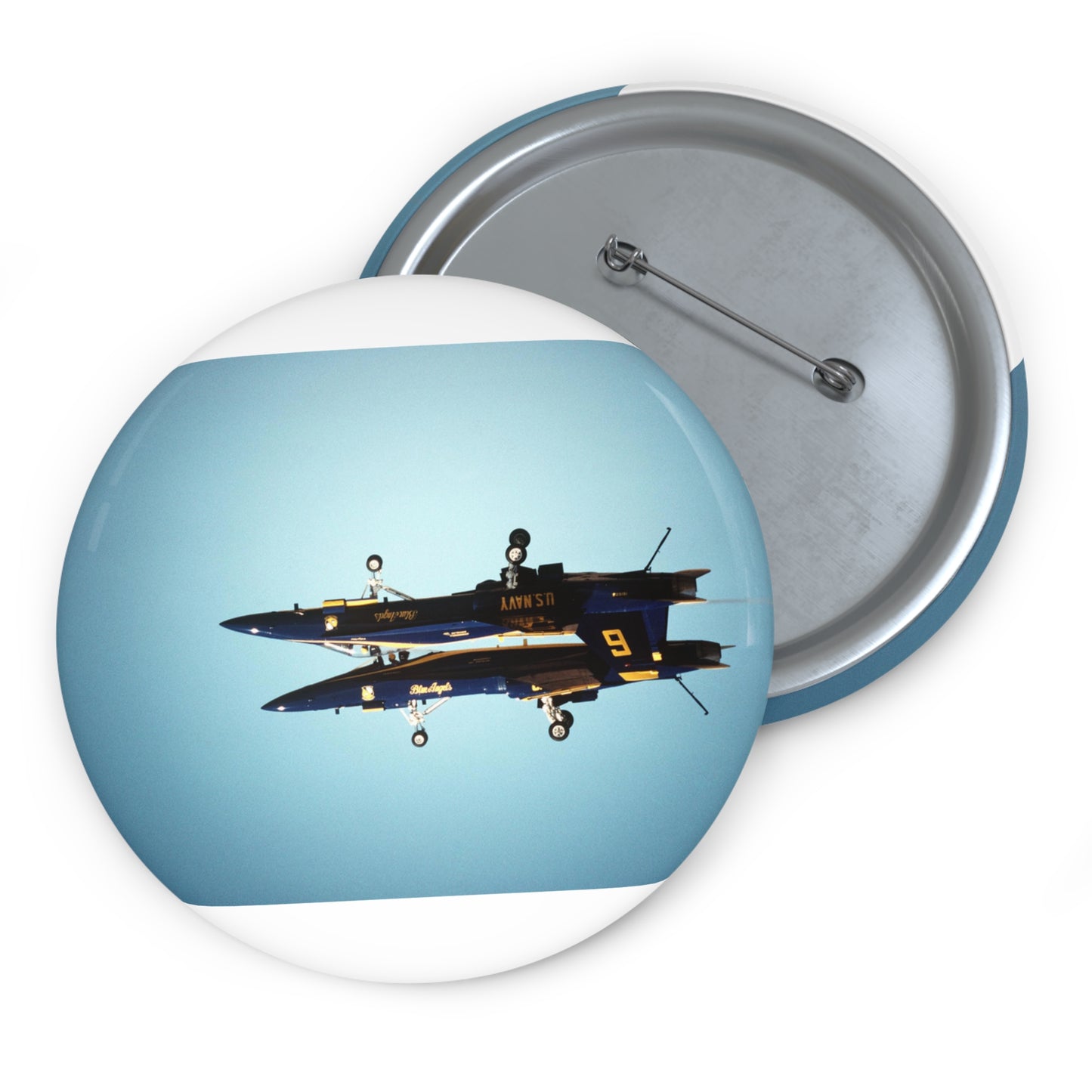 Two F/A-18A Hornet aircraft of the Blue Angels Flight Demonstration Squadron execute the Fortus maneuver during an air show Pin Buttons with Crisp Design