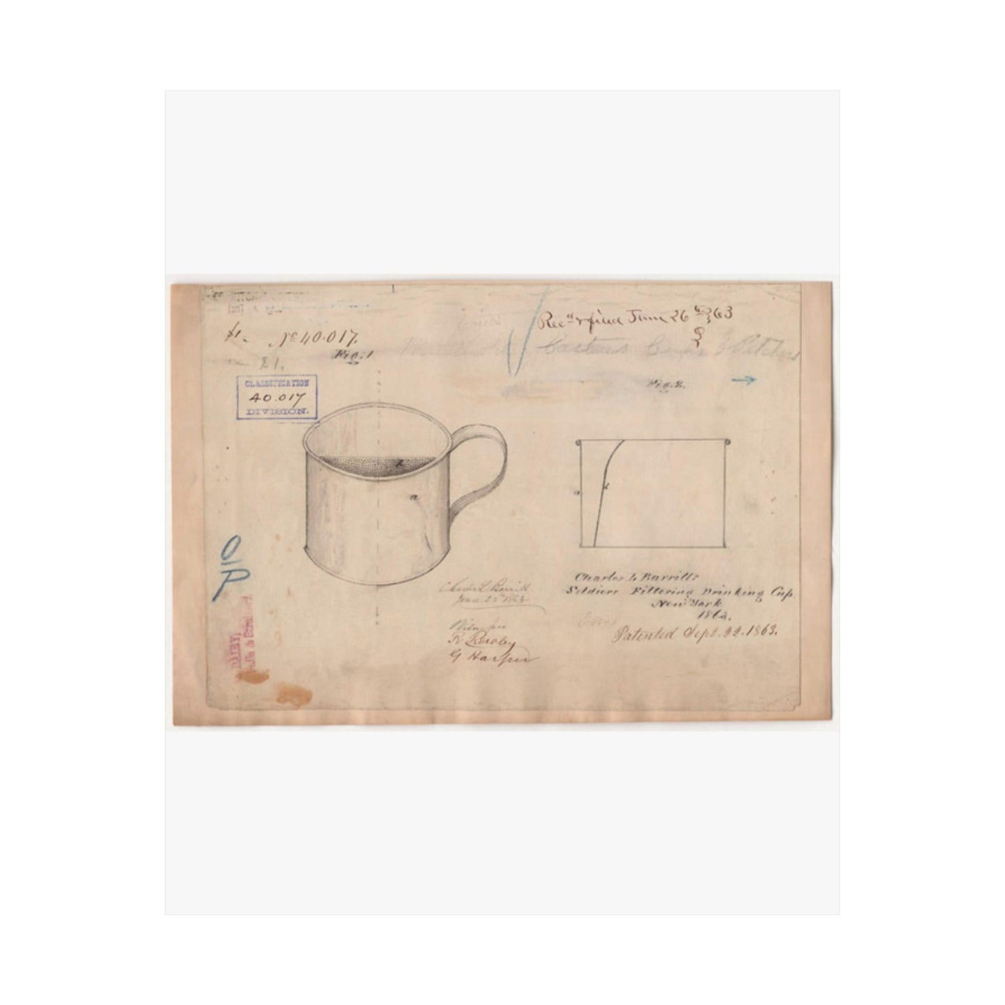 Patent drawing - Drawing of Soldiers Filtering Drinking Cup Public domain image High Quality Matte Wall Art Poster for Home, Office, Classroom