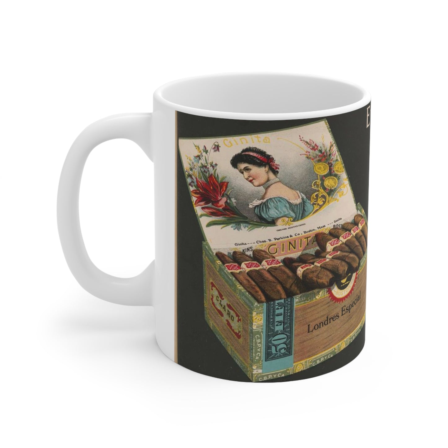 Every Ginita cigar a good reason for another, C.B. Perkins Co., Boston Beautiful Novelty Ceramic Coffee Mug 11oz