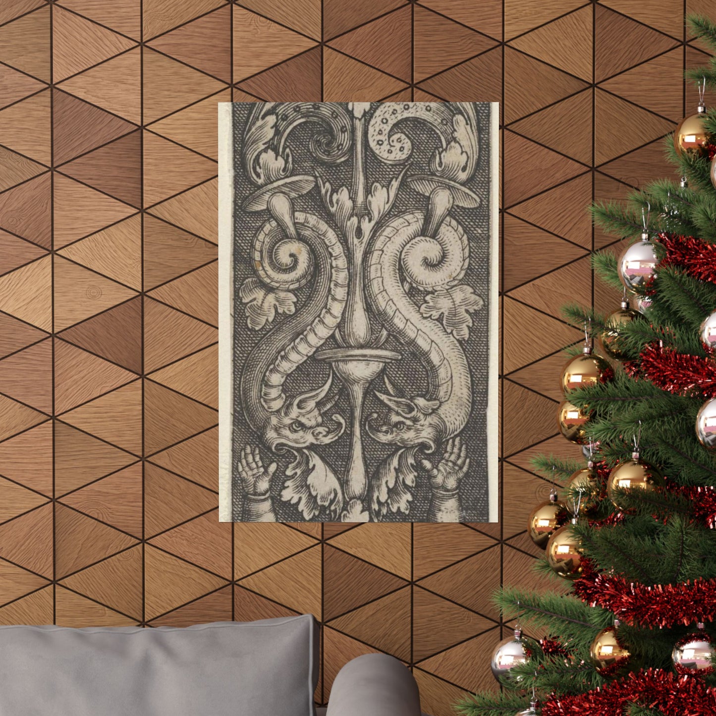 Vertical Panel with a Candelabrum Stemming from a Leaf-Faced Grostesque at Bottom High Quality Matte Wall Art Poster for Home, Office, Classroom