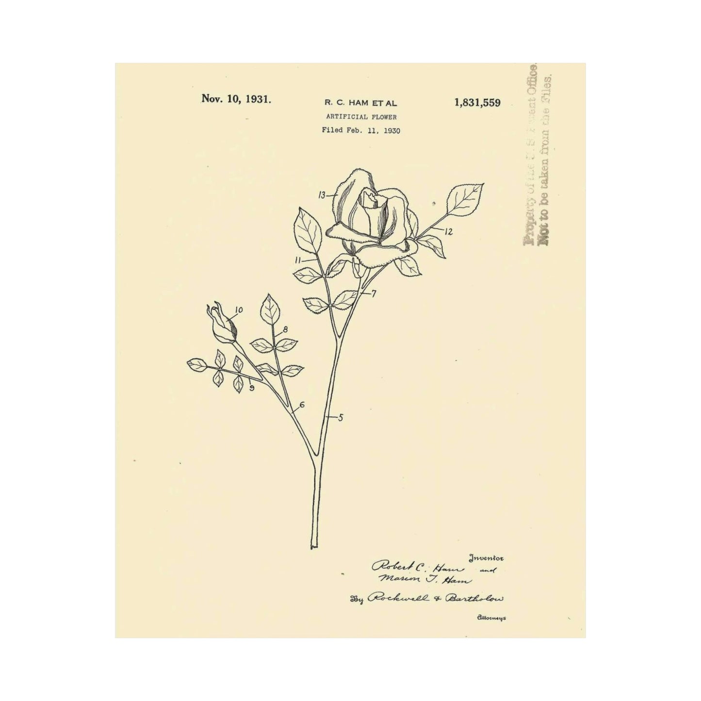 Patent Case File No. 1,831,559, Artificial Flower, Inventor(s)- Robert C. Ham and Marion T. Ham. - DPLA - 08745302078898b8870d70b04cb216a9 (page 5) High Quality Matte Wall Art Poster for Home, Office, Classroom