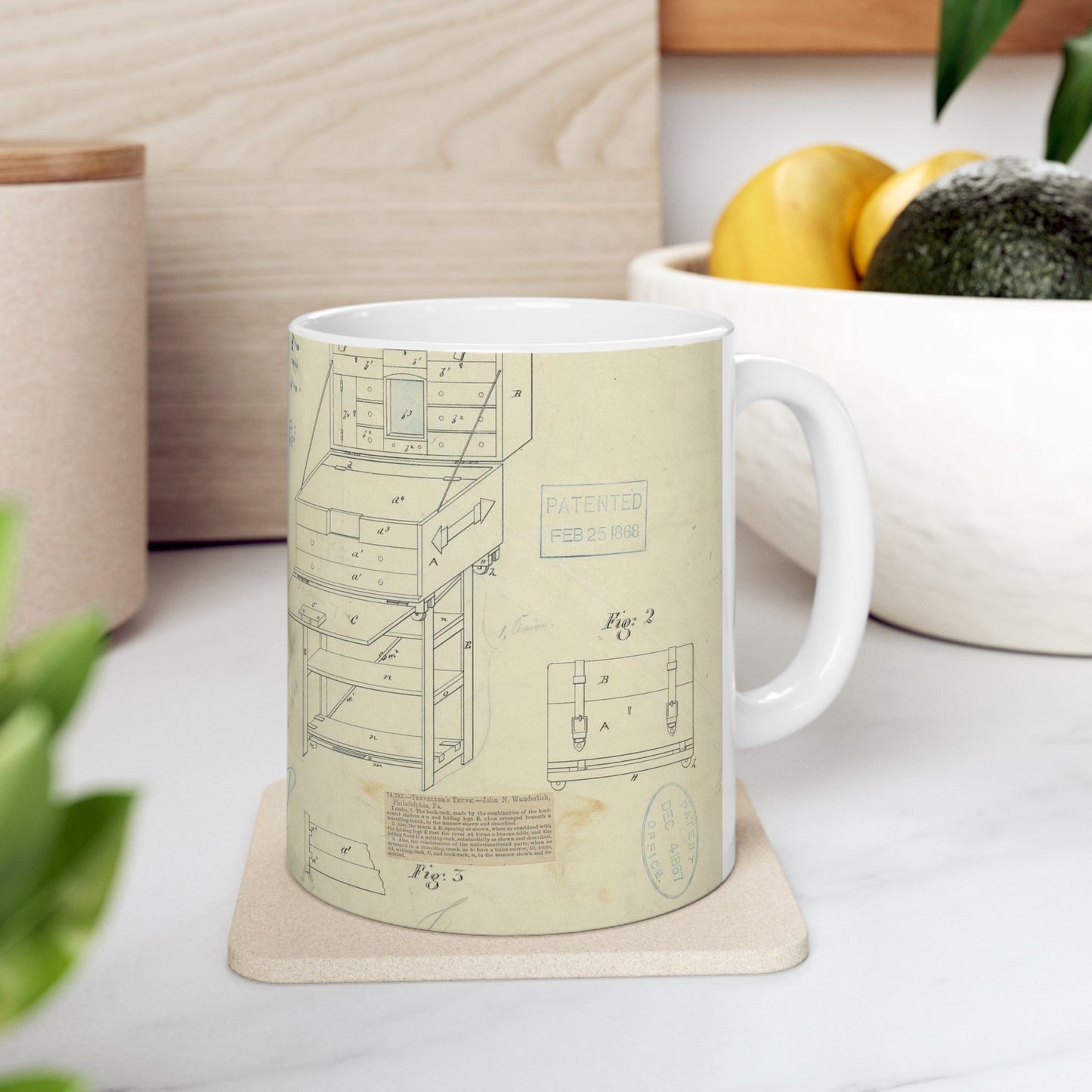 Patent Drawing of Engine - Drawing of a Travelers Trunk Public domain image Beautiful Novelty Ceramic Coffee Mug 11oz