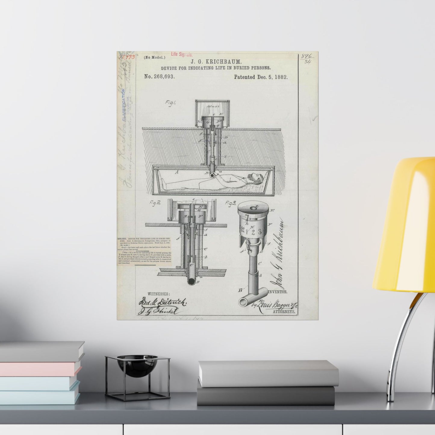 Patent drawing - for J. G. Krichbaum's Device for Indicating Life in Buried Persons Public domain image High Quality Matte Wall Art Poster for Home, Office, Classroom