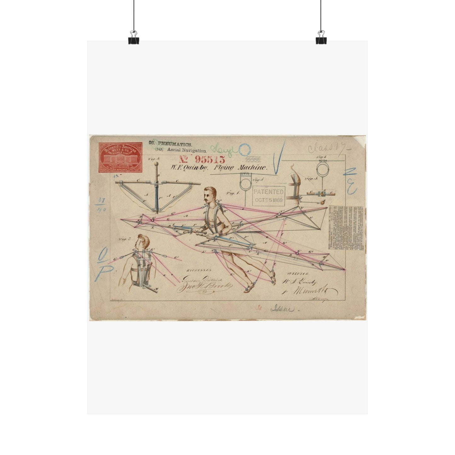 Patent drawing - for a Flying Machine Public domain image High Quality Matte Wall Art Poster for Home, Office, Classroom