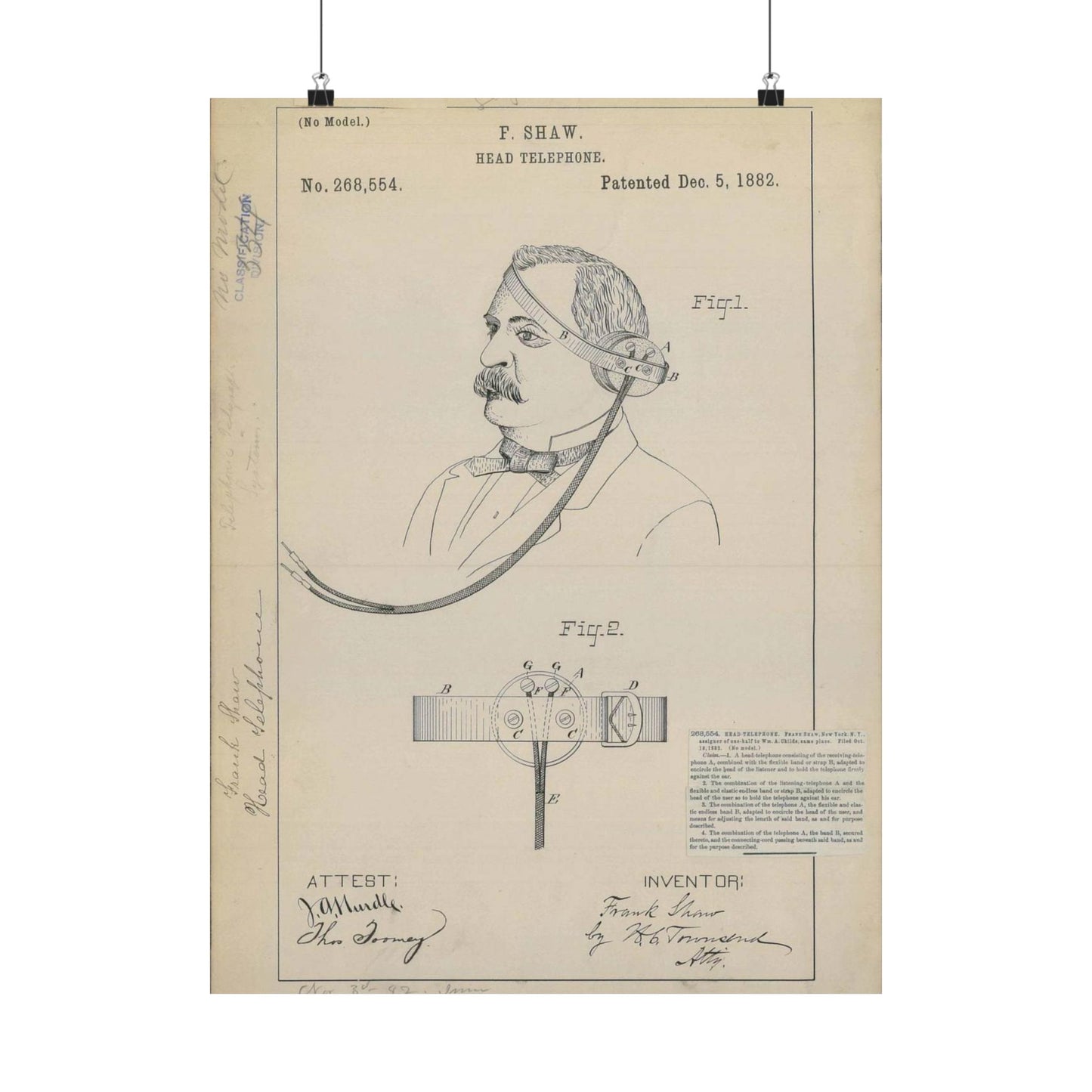 Patent drawing - for F. Shaw's Head Telephone Public domain image High Quality Matte Wall Art Poster for Home, Office, Classroom