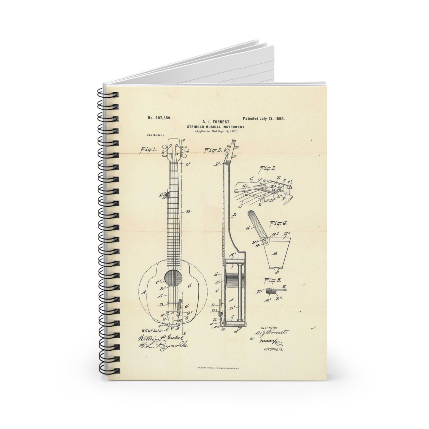Patent Case File No. 607,359, Stringed Musical Instrument, Inventor- Albert J. Forrest - DPLA - 4131de1d6cfd166bec48feb68641443c (page 21) Spiral Bound Ruled Notebook with Printed Cover