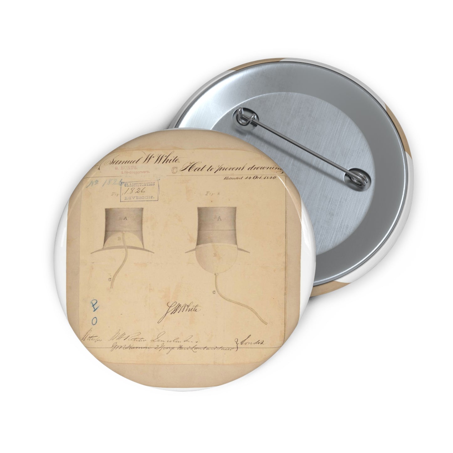 Patent drawing - Drawing of Hat to Prevent Drowning Public domain image Pin Buttons with Crisp Design