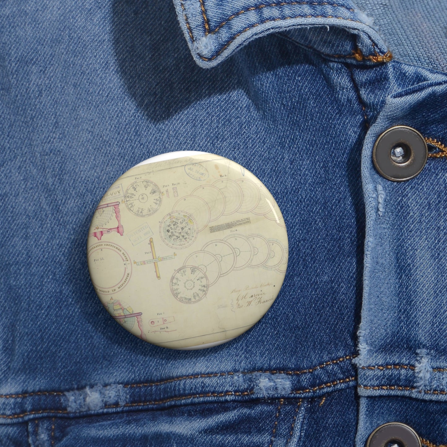 Patent drawing - Drawing of a Terrestrial Globe Public domain image Pin Buttons with Crisp Design