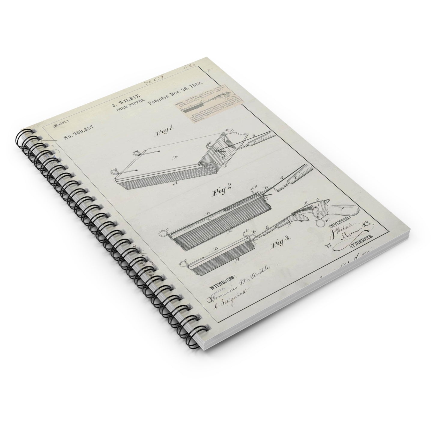Patent Drawing of Engine - for J. Wilkie's Corn Popper Public domain image Spiral Bound Ruled Notebook with Printed Cover
