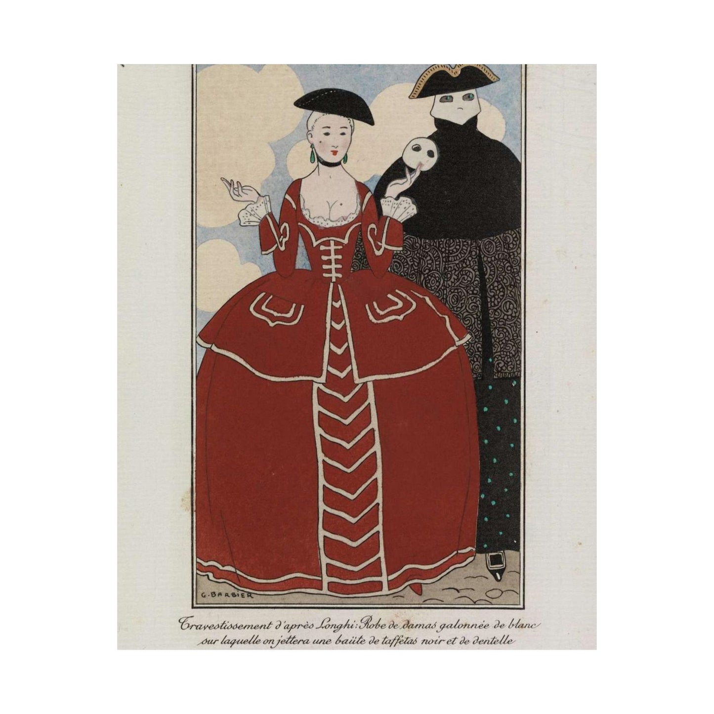 Fancy dress (Travestissement d'aprés Longhi - Robe de damas galonnée de blanc sur laquelle on jettera une baiite de taffetas noir et de dentelle) (CBL WEp 0847) High Quality Matte Wall Art Poster for Home, Office, Classroom