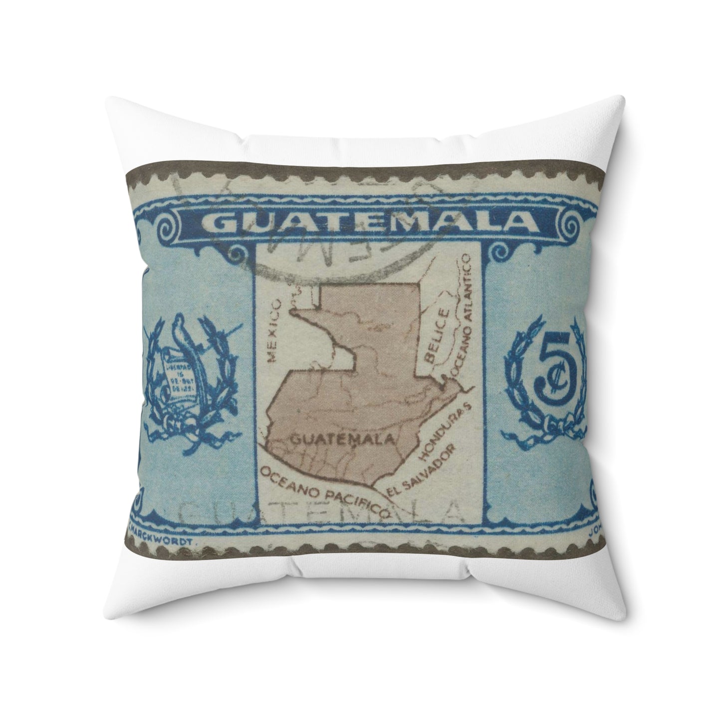 Frimärke ur Gösta Bodmans filatelistiska motivsamling, påbörjad 1950.Frimärke från Guatemala, 1939. Motiv av karta över Guatemala. Decorative Accent Square Pillow